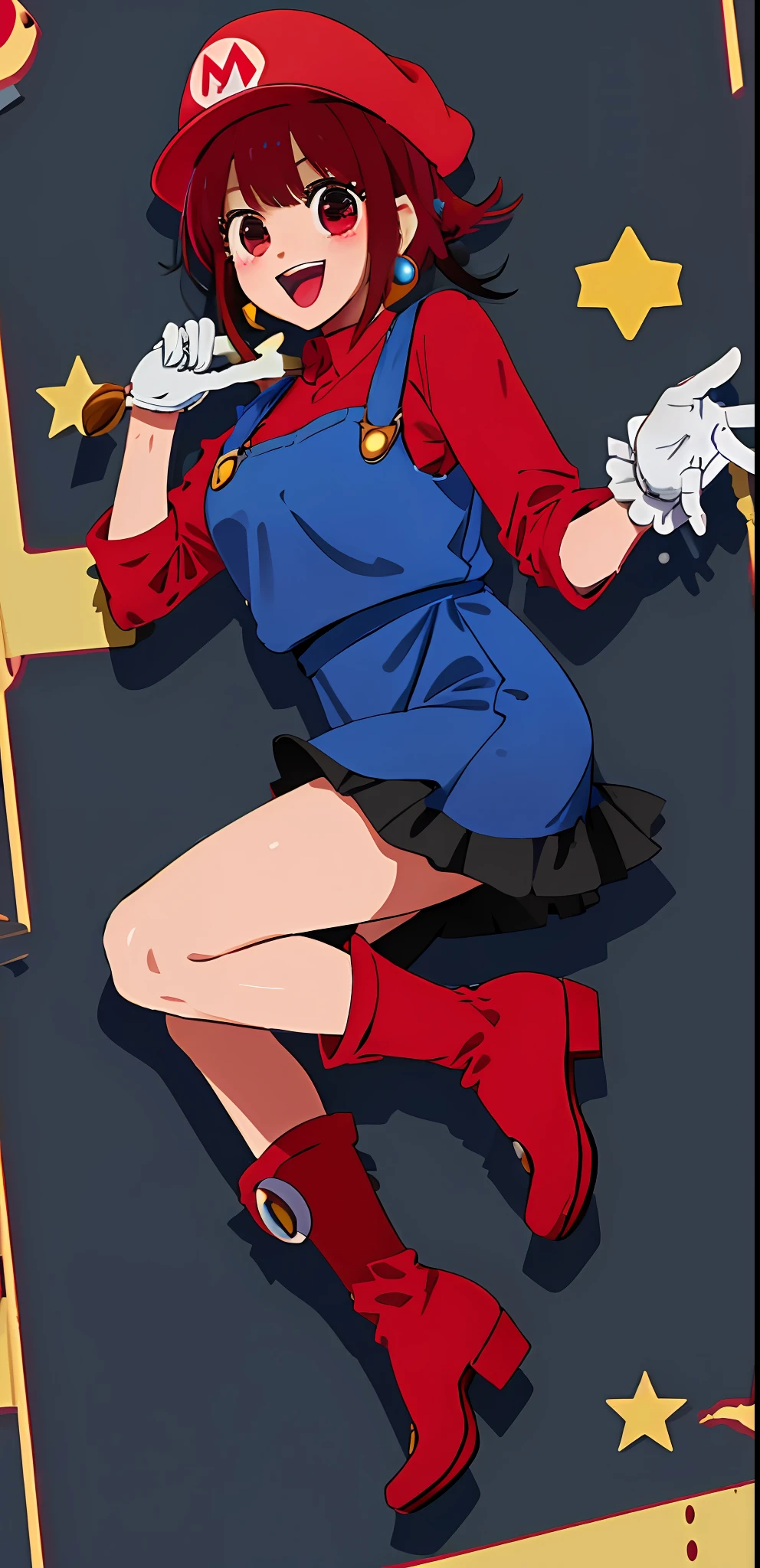 1girl masterpiece, best quality, solo, (super mario (cosplay):1.2), Mario (cosplay):1.2, red cap:1.1, blue overall, red shirt, brown boots, :d, Arima kana, medium breast, white gloves, gold marble earrings, jumping