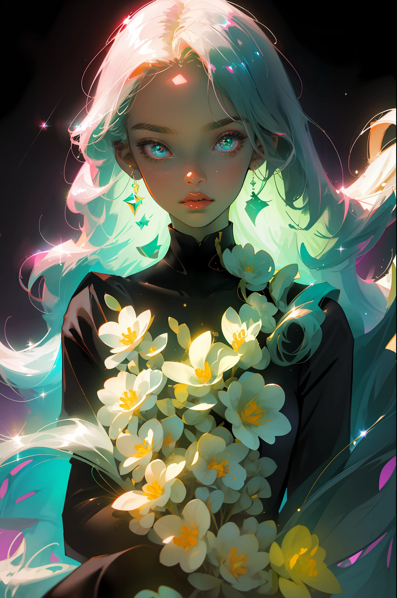 Masterpiece, best quality, super high resolution, fluorescent color,
1 girl, looking at the audience, beautiful face, beautiful eyes, (off-the-shoulder: 1.2), head up, upper body, forest, shiny hair, shiny skin, glowing cut, chibi, finger scale coordination, black starlight dress, particles