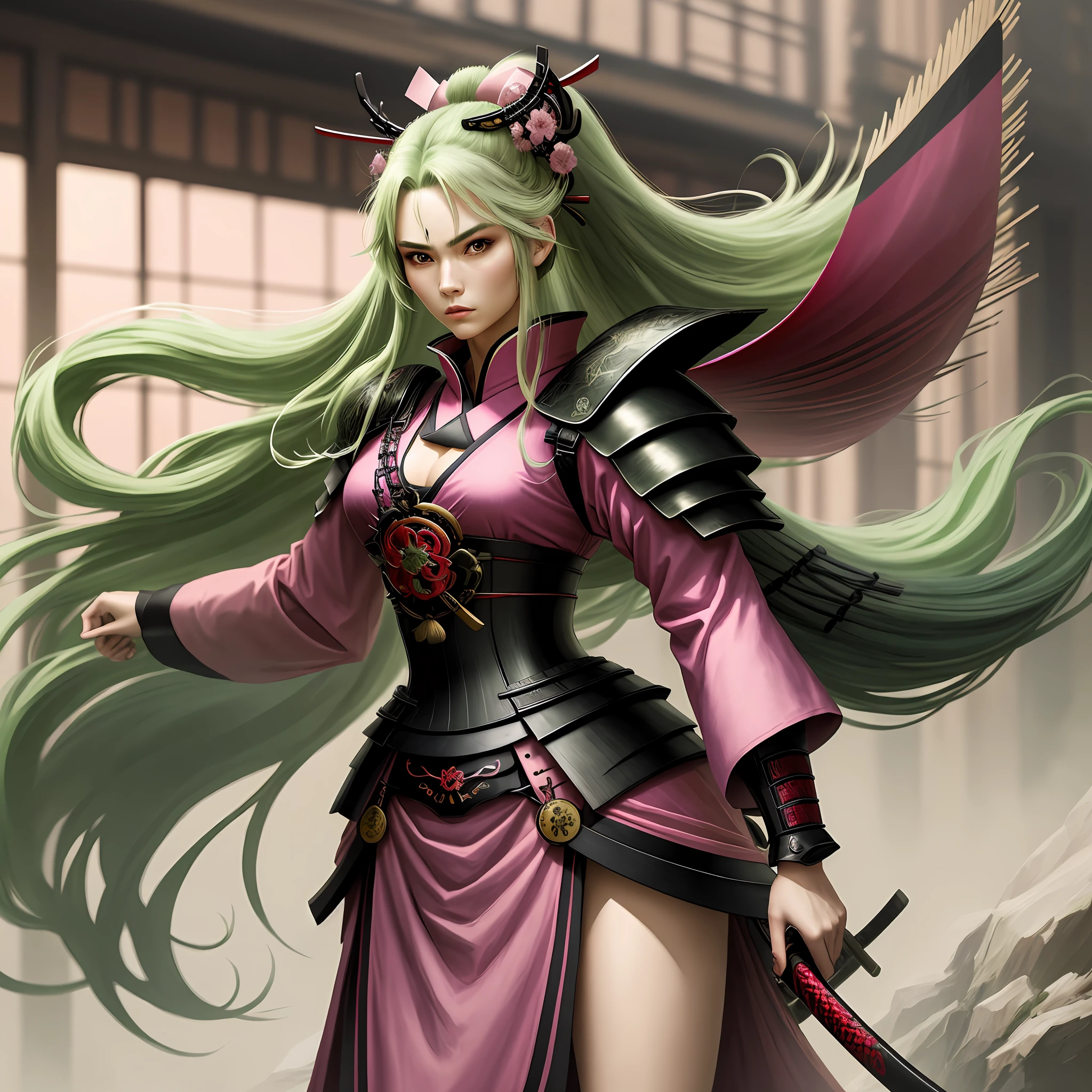 masterpiece, best quality, 1 Female, adult, long green hair, Samurai, Symbolism, Art, Beautiful, Beautiful, Courage, Pink Clothing with Red and Black