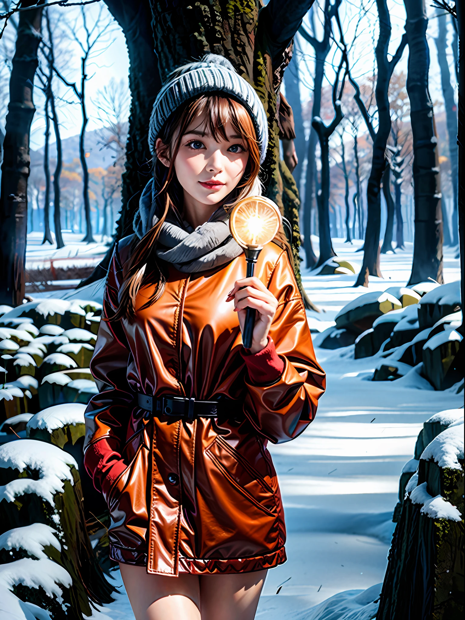 a lovely painting of a girl in the forest with light snow falling