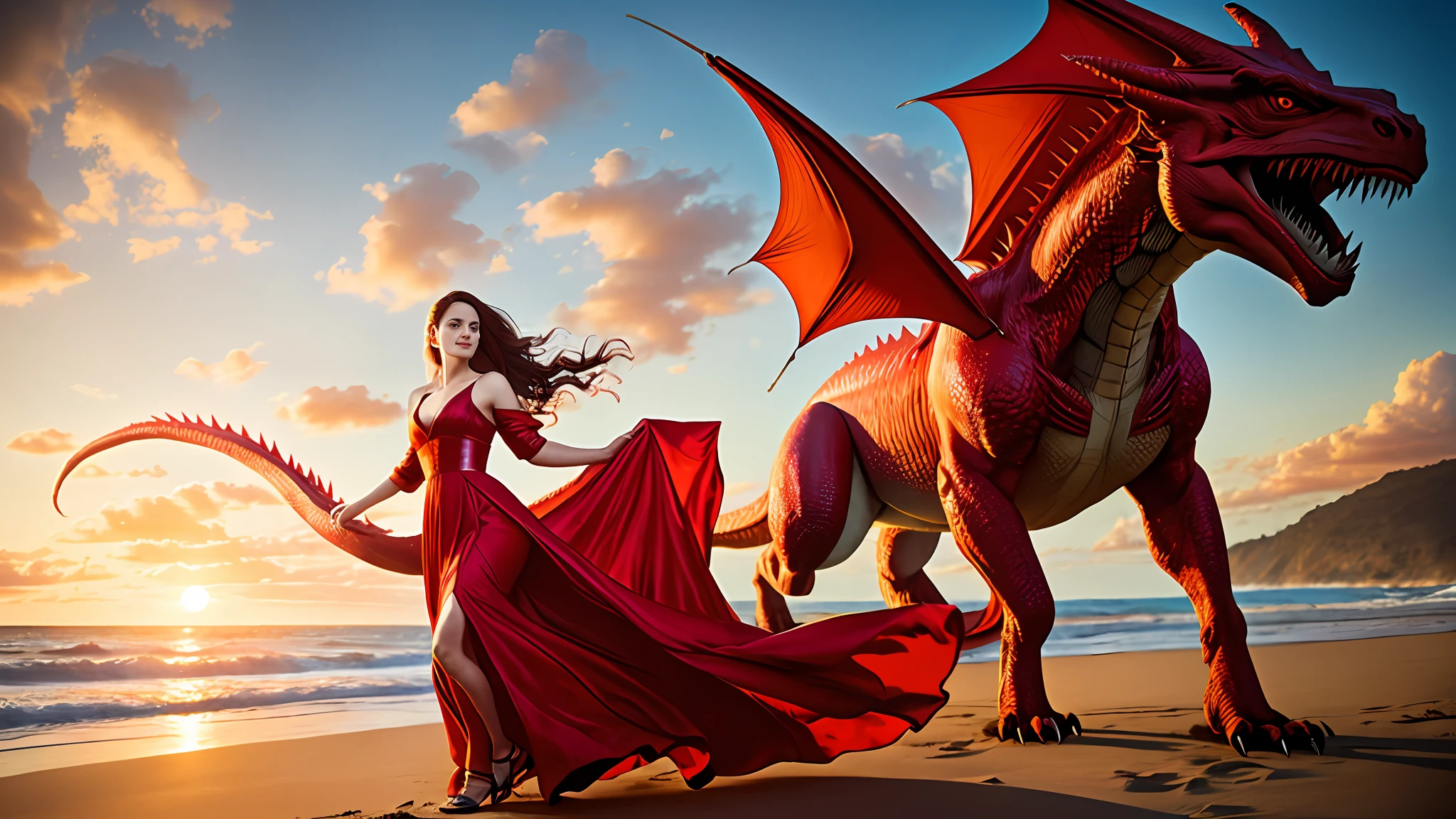 Epic movie poster, professional photo, 
a beautiful woman 25 y.o., in a long red dress of silk, raiding a red dragon, on  beach,

professional digital art, professional lighting, dramatic lighting, high resolution, 8k, ultra high definition, HDRI, golden hour,
analog style, modelshoot style, rcnz_hqr style
