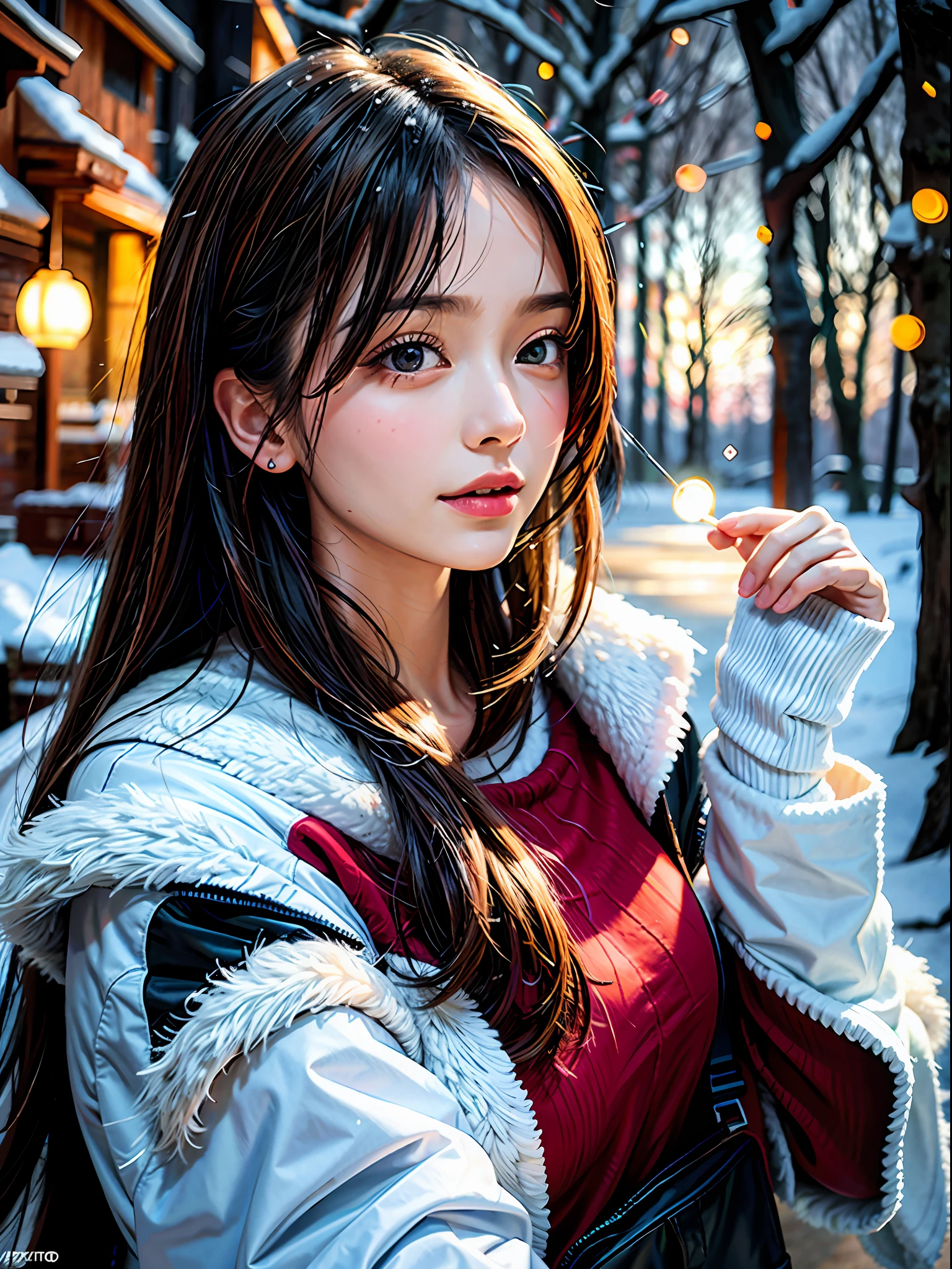 a lovely painting of a girl in the forest with light snow falling