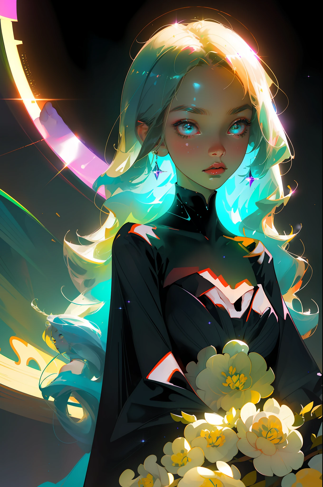 Masterpiece, best quality, super high resolution, fluorescent color,
1 girl, looking at the audience, beautiful face, beautiful eyes, (off-the-shoulder: 1.2), head up, upper body, forest, shiny hair, shiny skin, glowing cut, chibi, no showing hands, black starlight dress, particles