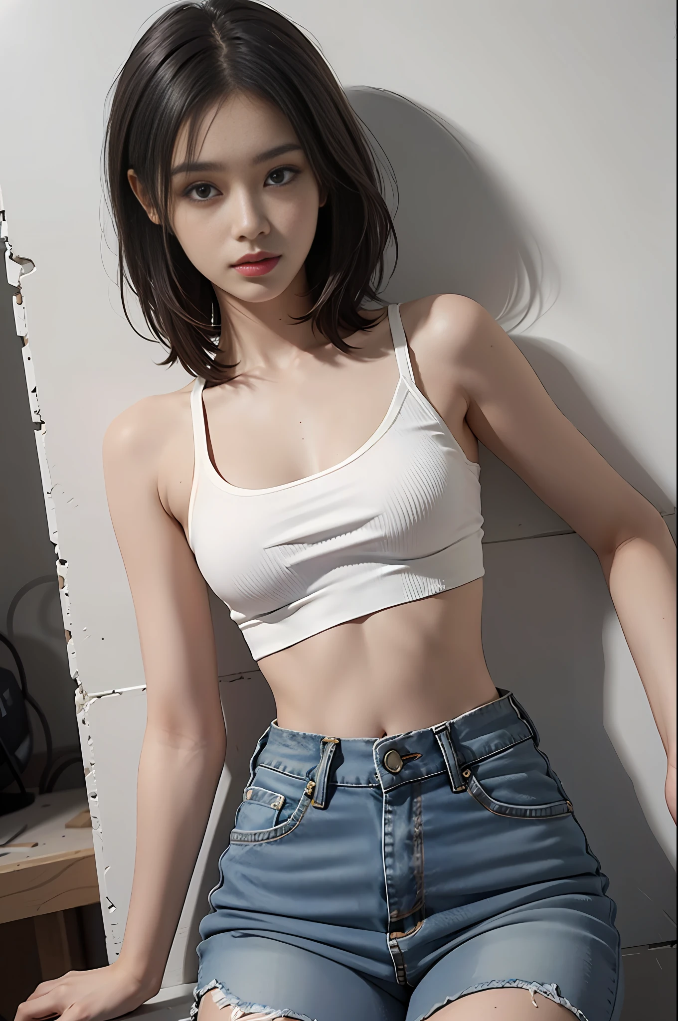 Girl in white bra and tight denim skirt posing for photo, full body, with cropped T-shirt, bra, slim body, smaller bust, slim girl model, 24-year-old female model, lying on the construction site, a group of black men onlooking