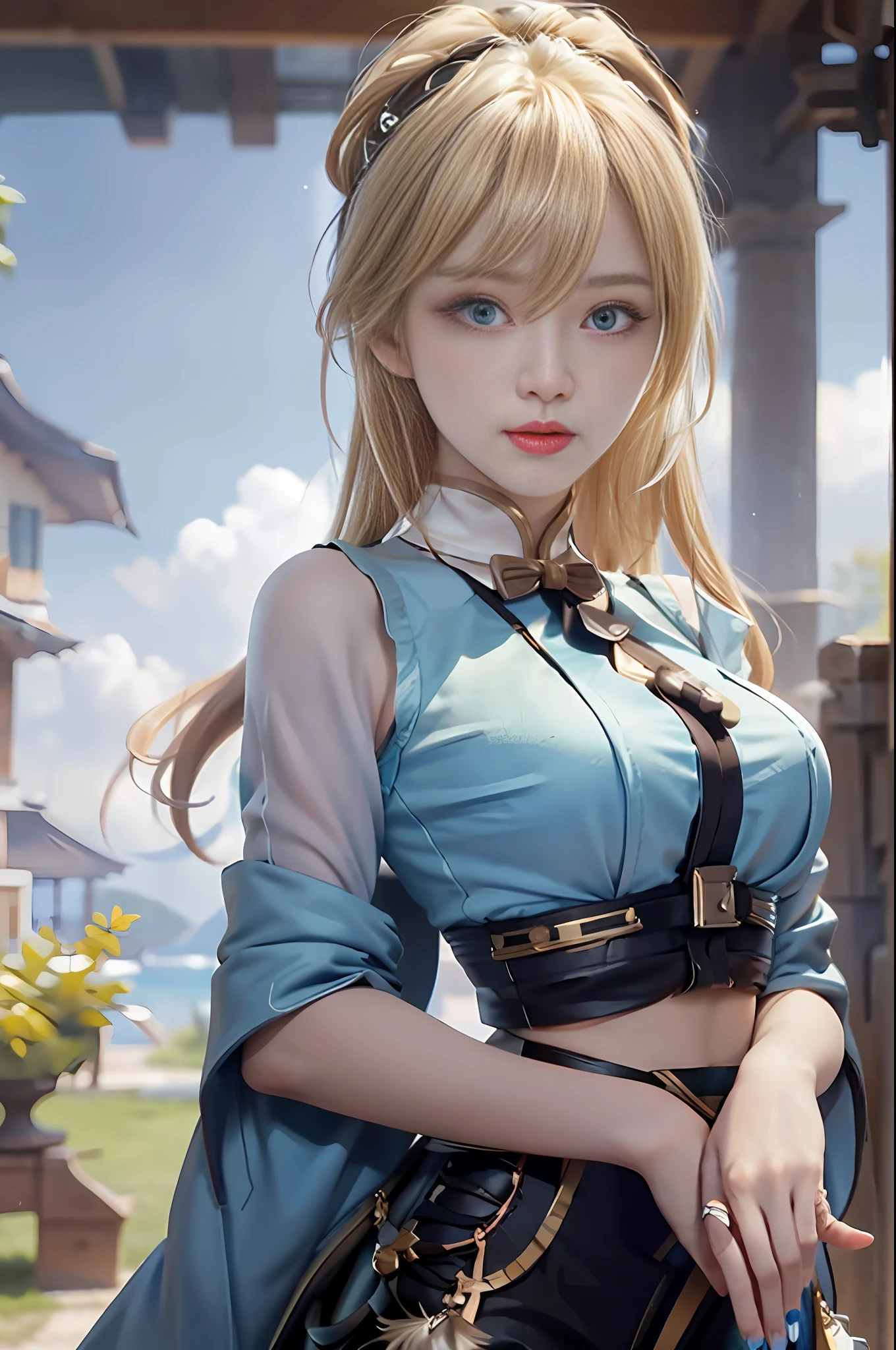 (Masterpiece, Best Quality, Big Breasts, Realism, Real, Photo: 1.4), Ji Xiaoman, Blonde, (Ulzzang-6500-V1.1:0.7), Very cute face, blue eyes, upper body, Big breasts, Real, photo