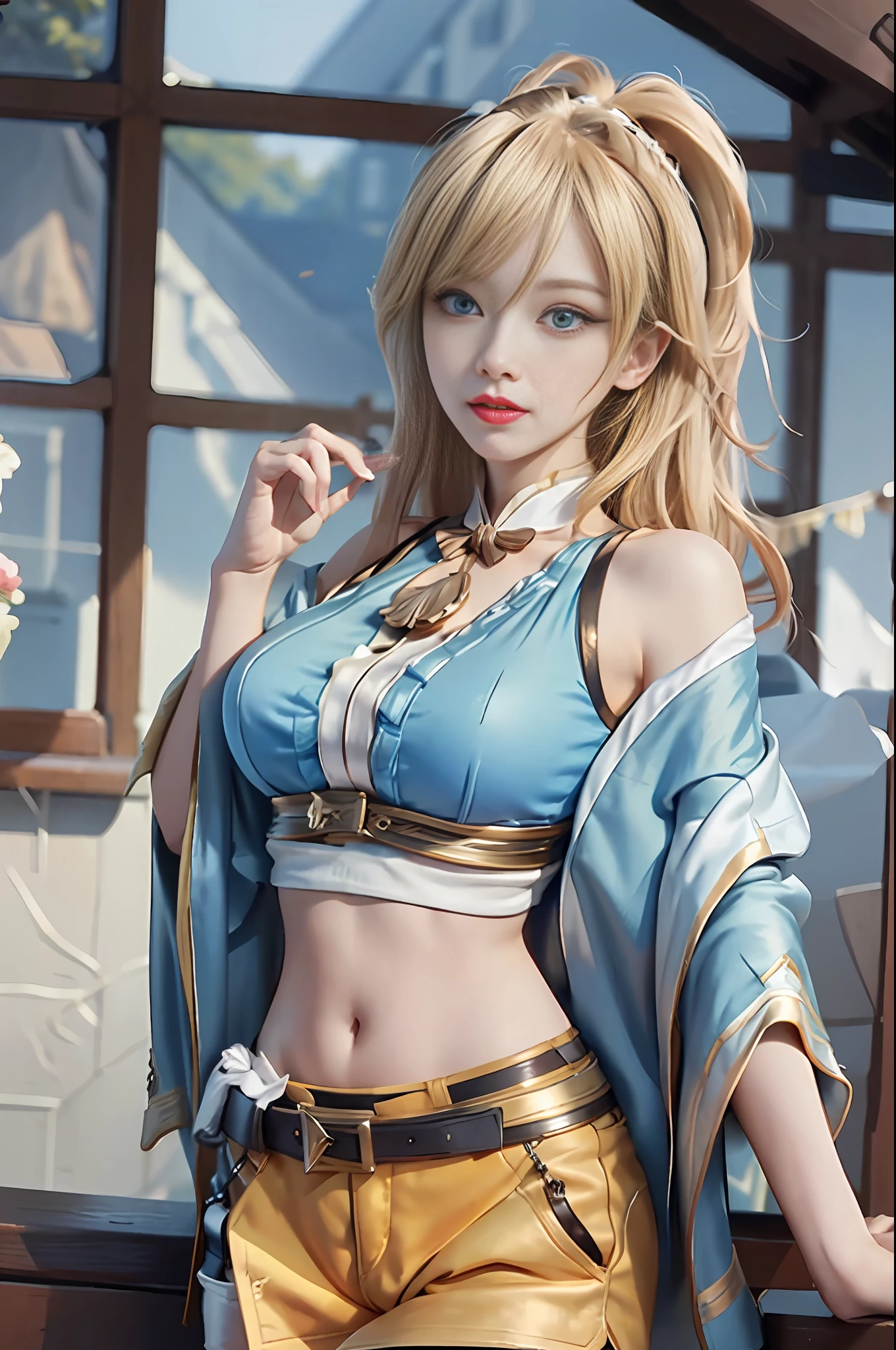 (Masterpiece, Best Quality, Big Breasts, Realism, Real, Photo: 1.4), Ji Xiaoman, Blonde, (Ulzzang-6500-V1.1:0.7), Very cute face, blue eyes, upper body, Big breasts, Real, photo