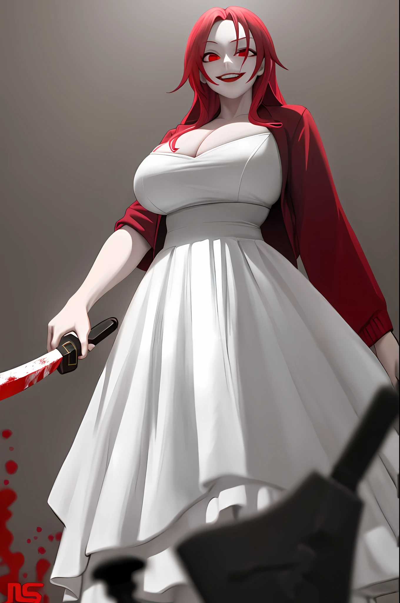 standing,crazy smile,looking at viewer,huge breasts،from below,red eyes,cleavage,pale skin, red hair, blood, blood on mouth, white clothes, knife, bloody knife