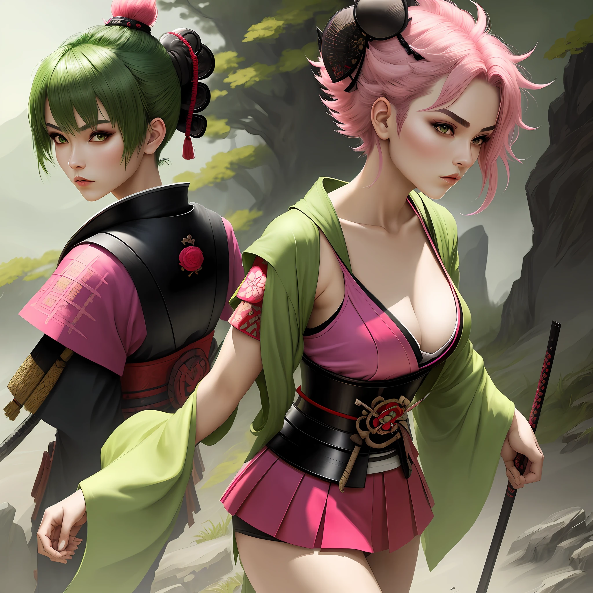 masterpiece, best quality, 1 Female, adult, short green hair, Samurai, Symbolism, Art, Beautiful, Beautiful, Courage, Pink Clothing with Red and Black