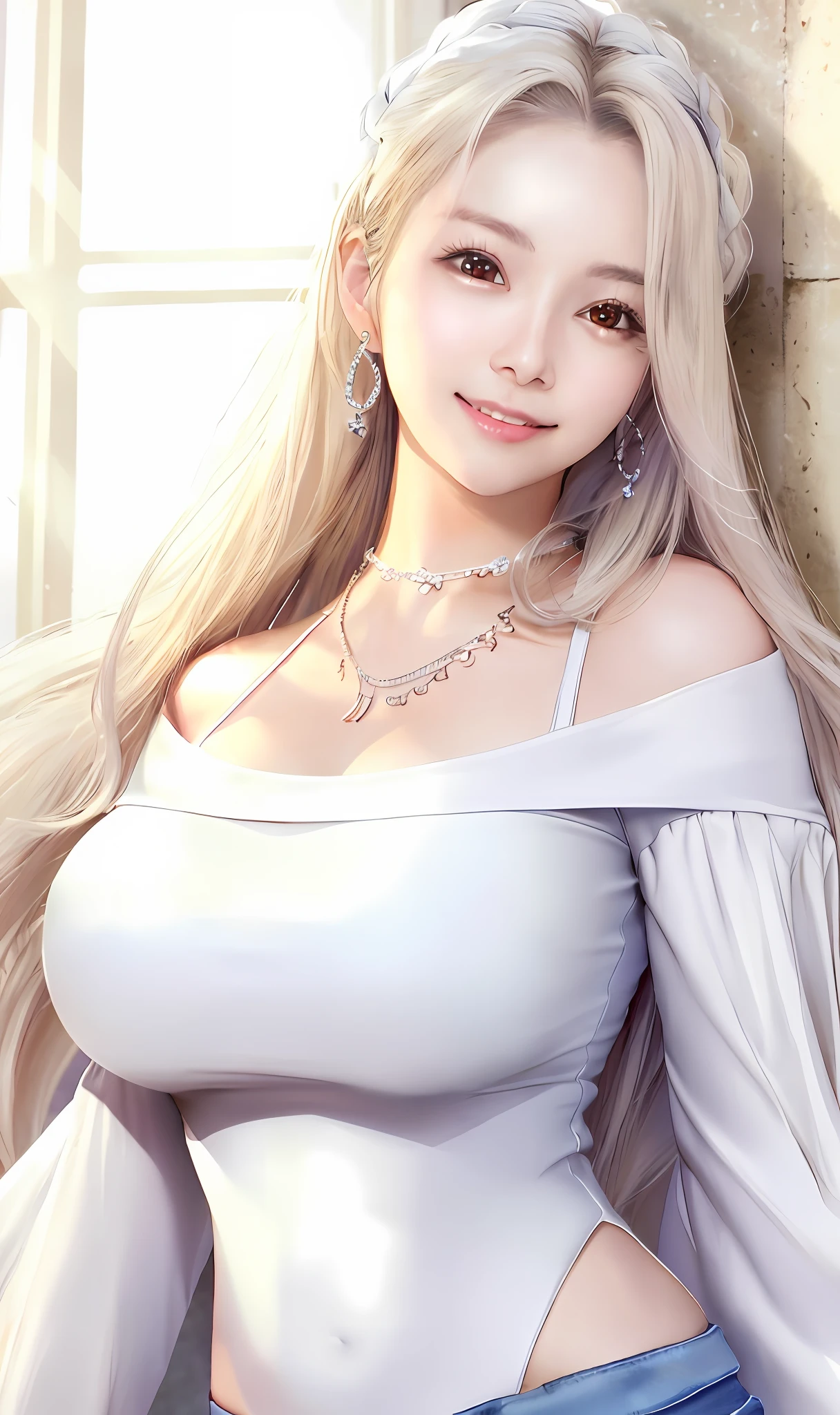 photo realistic,ultra hires,ung idol girl, distant gaze, OOTD,off shoulder white top,round young face,full accesories,necklace,big clear eyes,long eyelashes,large breast,slim waist,light makup,neat teeth, slightly smiling. light color hair,
