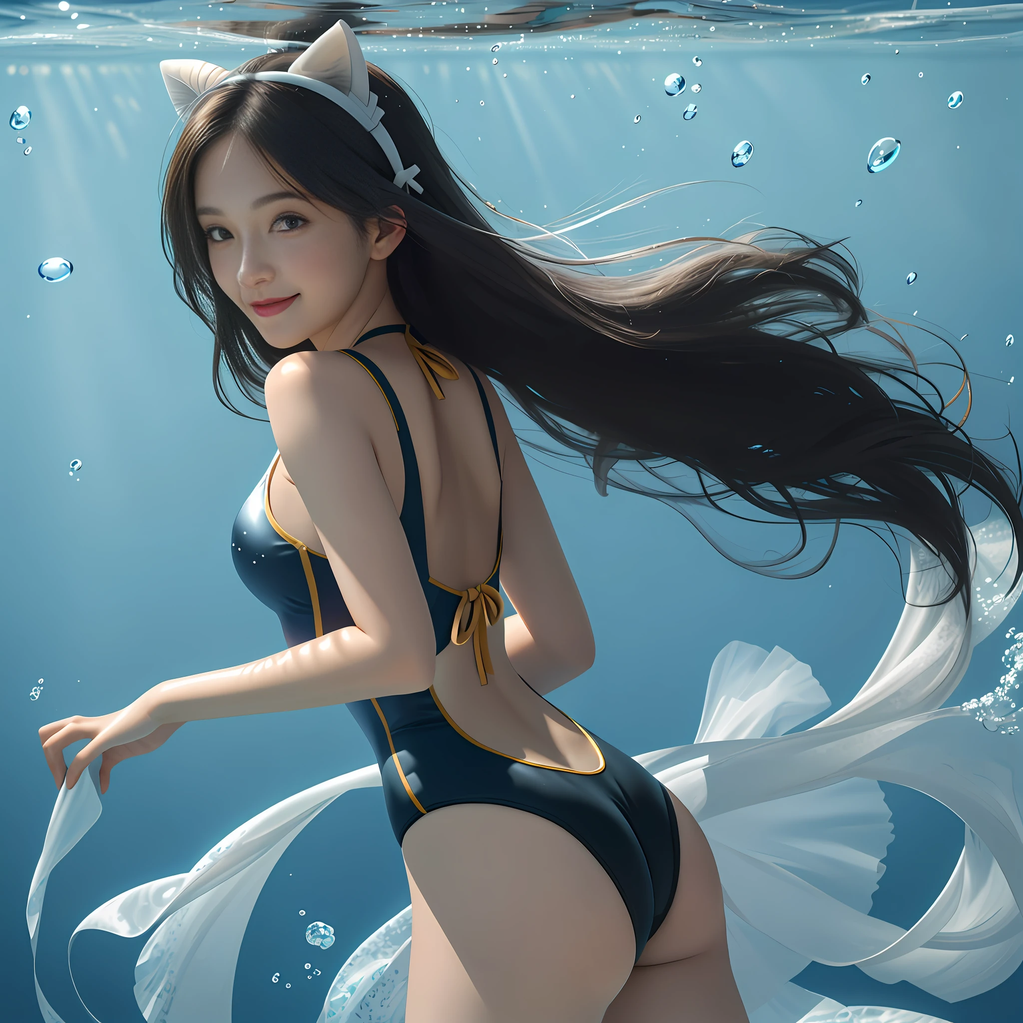(Best Quality, Masterpiece: 1.4), (Realism: 1.2), (Absurdity: 1.2), 4K, Detailed, Ultra Detailed, Detailed Face, (Ultra Detailed Eyes: 1.2), Underwater, Girl, One-piece Swimsuit, Bareback, Smile, High Split End, Long White Legs, Looking Back at the Screen, Hair Floating, Long Black Hair, Cat Ears