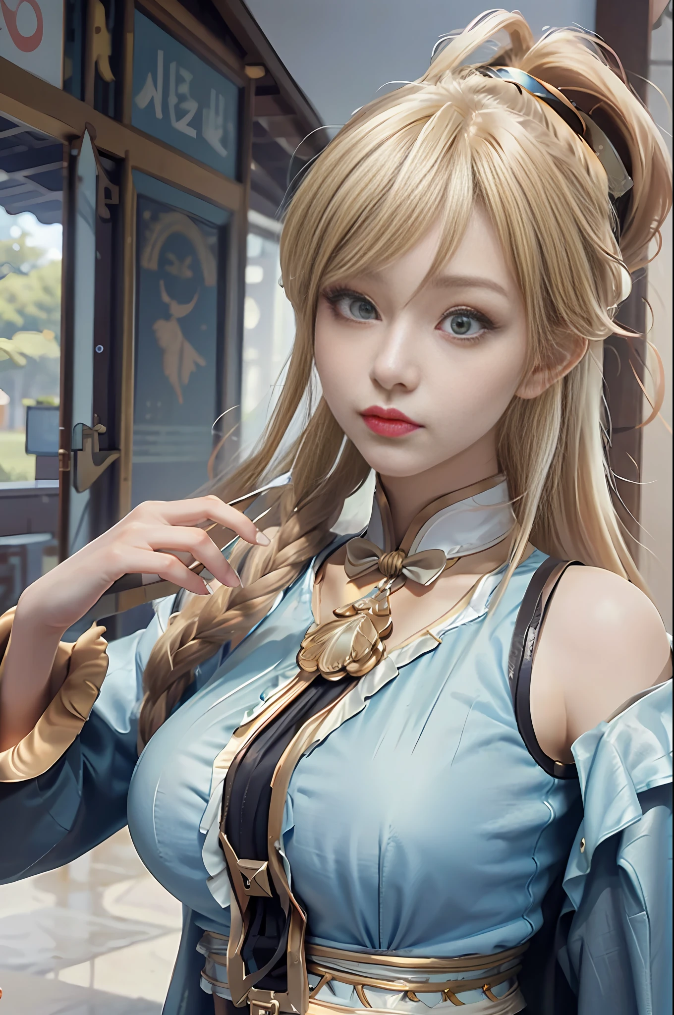 (Masterpiece, Best Quality, Big Breasts, Realism, Real, Photo: 1.4), Ji Xiaoman, Blonde, (Ulzzang-6500-V1.1:0.7), Very cute face, blue eyes, upper body, Big breasts, Real, photo