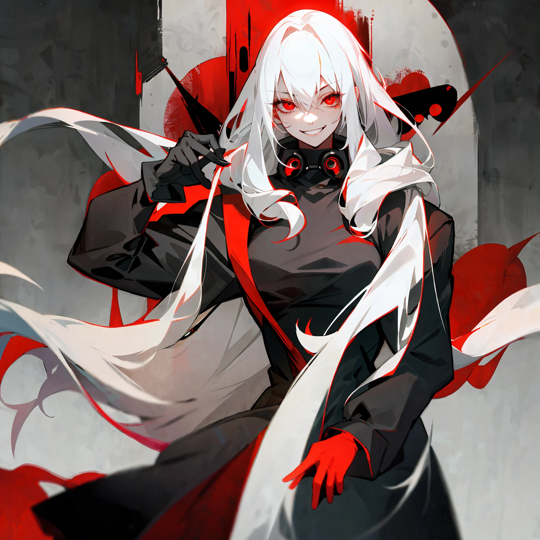 1female, psycho smile, long glowing white hair, red eyes, wearing black mafia suit, mafia, anime, alone at room