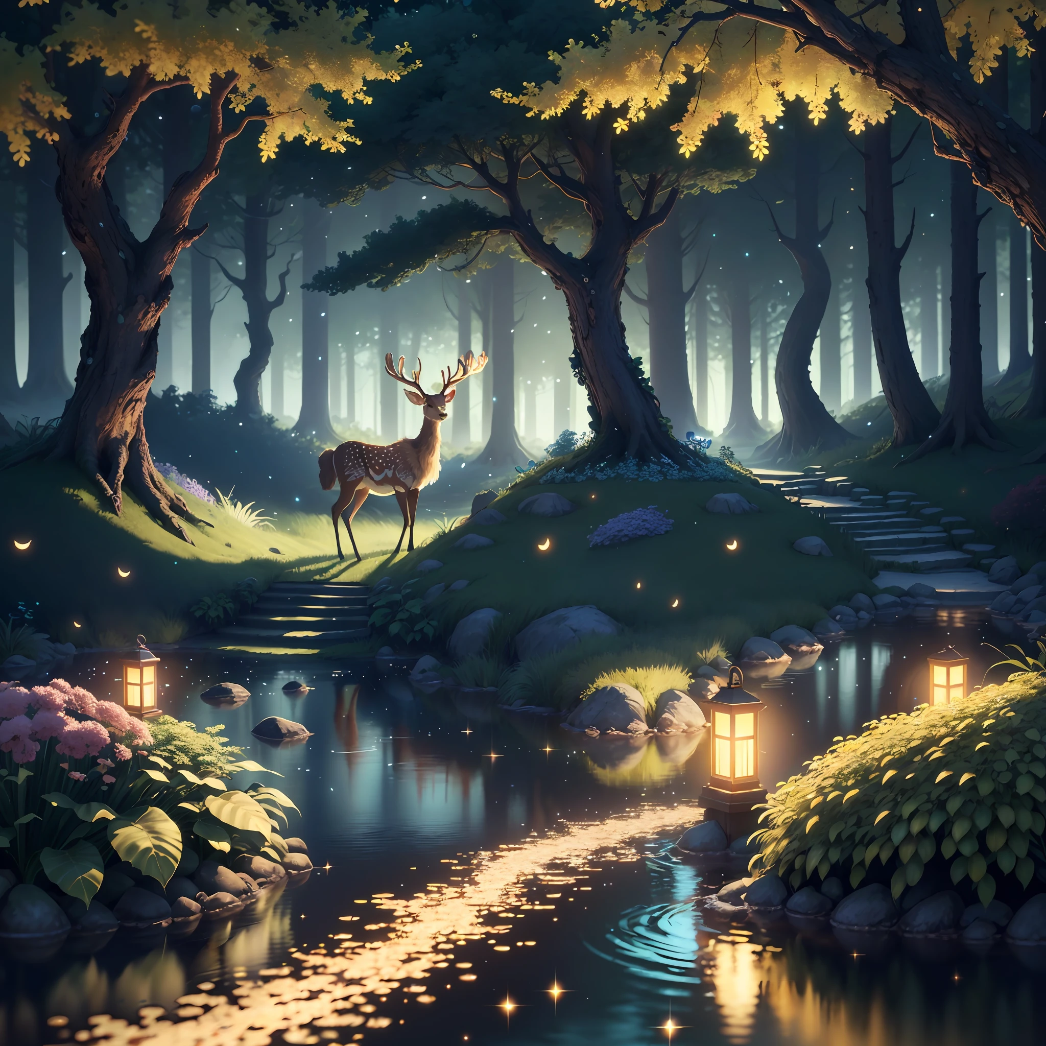 Best quality, (very detailed CG unified 8k wallpaper), (best quality), (best illustration), (best shadow), glowing elf with a glowing deer, drinking water in the pool, nature elements in forest theme. Mysterious forest, beautiful forest, nature, surrounded by flowers, delicate leaves and branches surrounded by fireflies (natural elements), (jungle theme), (leaves), (branches), (fireflies), (particle effects) and other 3D, Octane rendering, ray tracing, super detailed