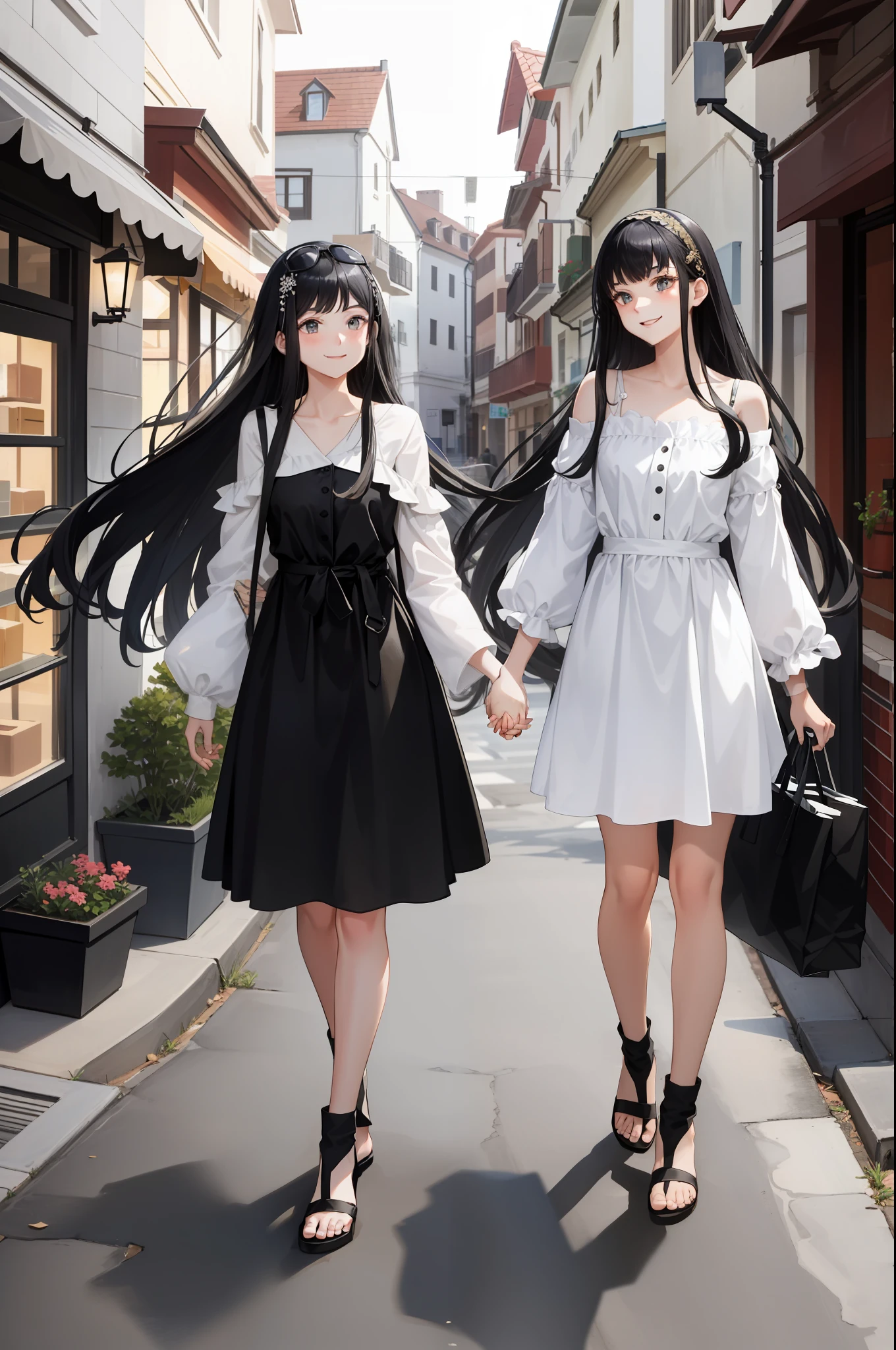 2 girls, two who look alike, tall, flat, beautiful, long black hair with fringe both, holding hands, smiling happily both, walking down the street, behind them you see the landscape of shops and houses of the city