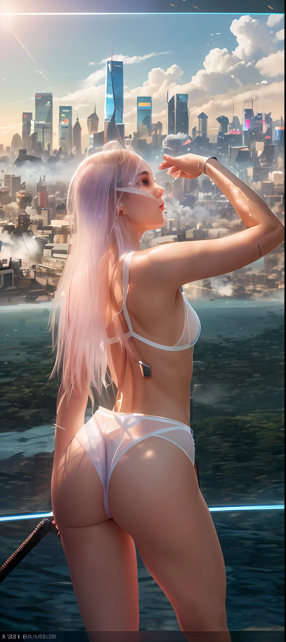 Dystopian, [sci-fi], High Detail RAW color Photo, Full Shot, rear angle, of (cute female arterial intelligence, wearing see-through white chemise), outdoors, standing, on overlook, looking out at sprawling cyberpunk city skyline), toned physique, large ass, (pale skin), perfect face, seductive look, (cybernetic implants:1.2), (augmentations), (cyborg:1.1), (detailed skin, diffused skin pores), silicone, metal, (highly detailed, fine details, intricate), (lens flare:0.5), (bloom:0.5), smog, dust, (badlands:0.8), (observitory:0.7), raytracing, specular lighting, shallow depth of field, photographed on a Sony Alpha 1, EF 85mm lens, f/2.8, hard focus, smooth, cinematic film still, [Cyberpunk:Orwelian:12]