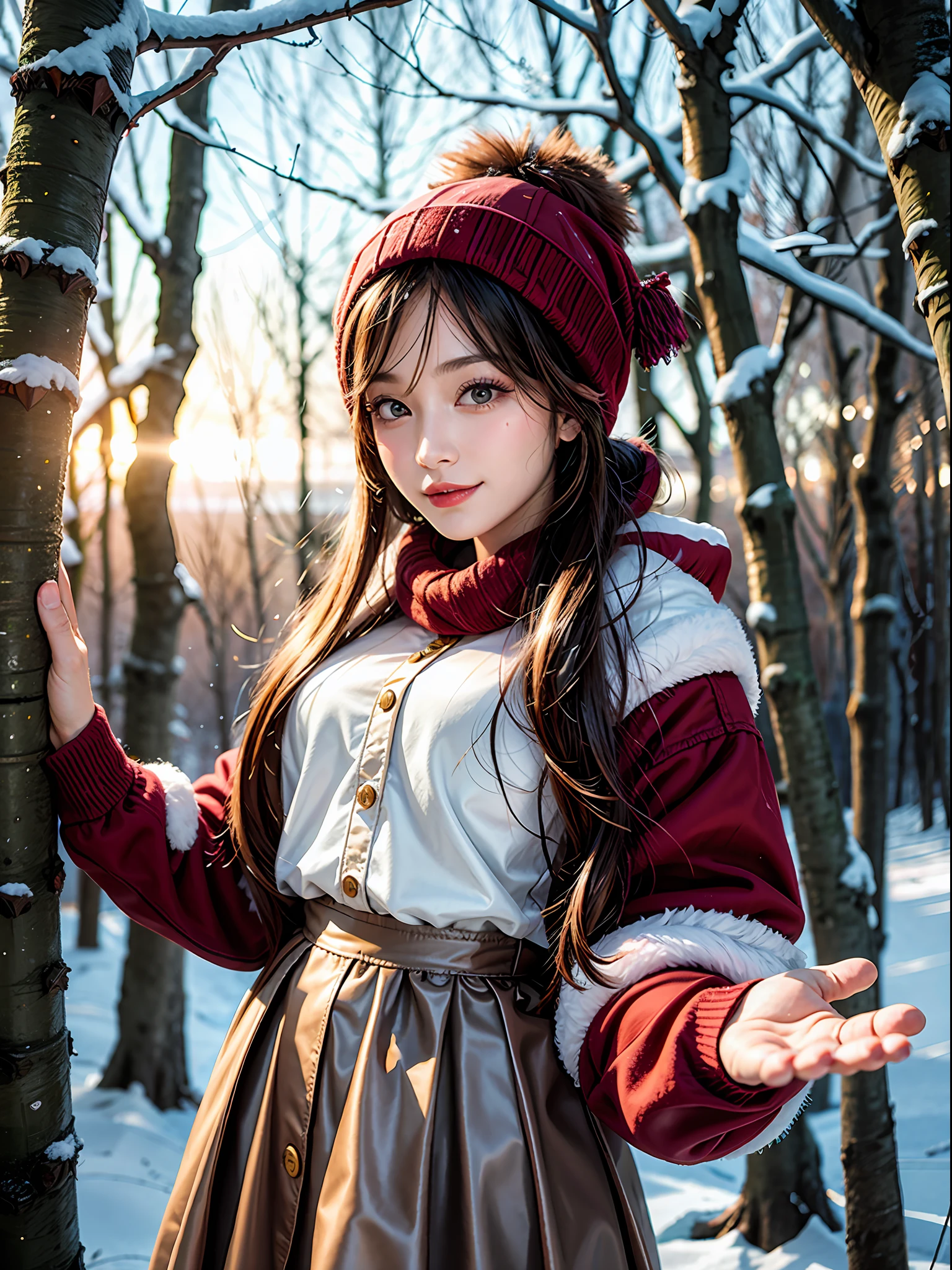 a lovely painting of a girl in the forest with light snow falling