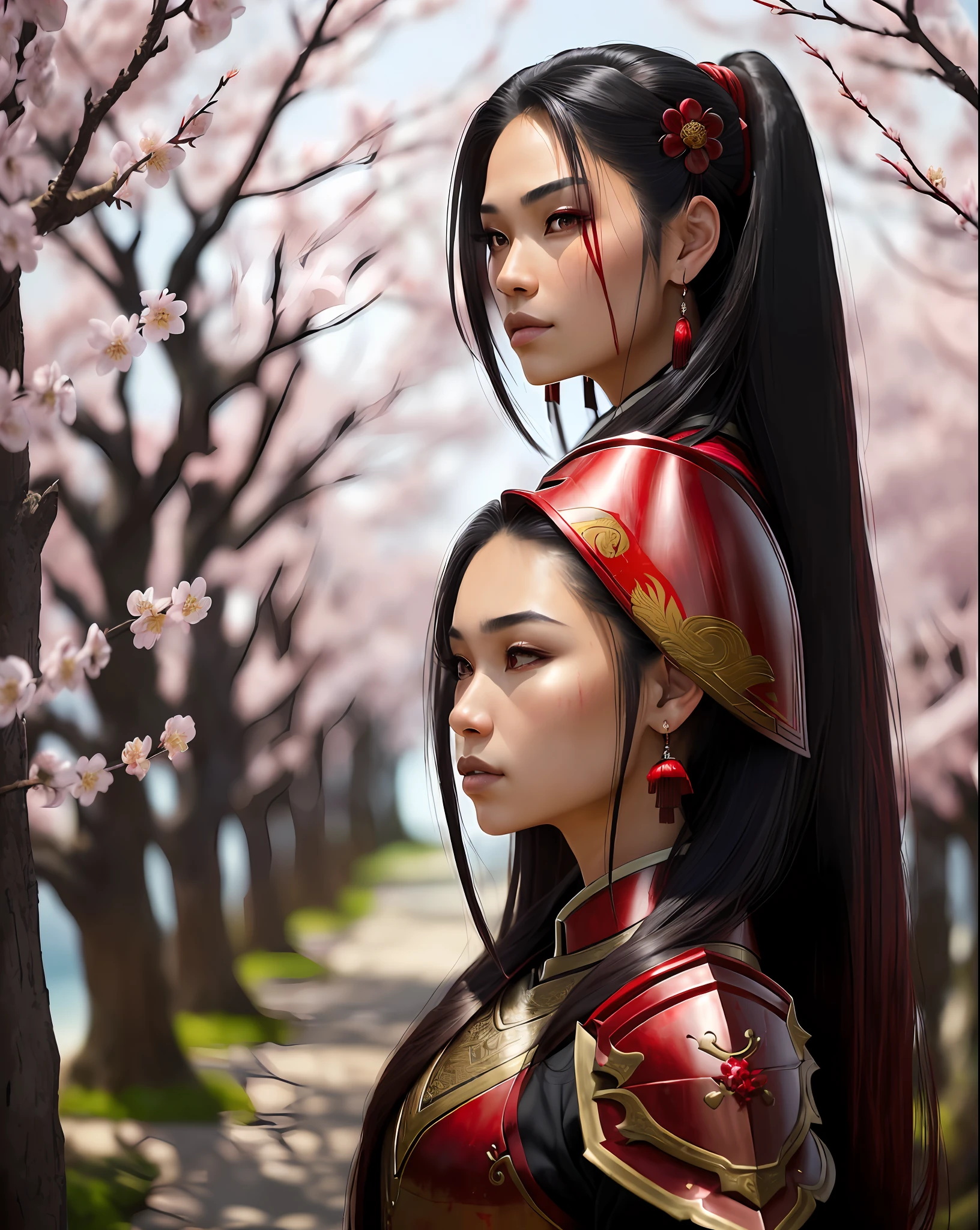 ((8k portrait of beautiful mixed asian female, side profile, masterpice, sidelighting)), long hair, detailed light samurai armor, ((blood red armor, black inner)), cinematic lighting, cherry blossoms, ash, melancholic, award winning photography, Popular on Deviant Art, Best of ArtStation, by WLOP, outdoor, oriental lighting