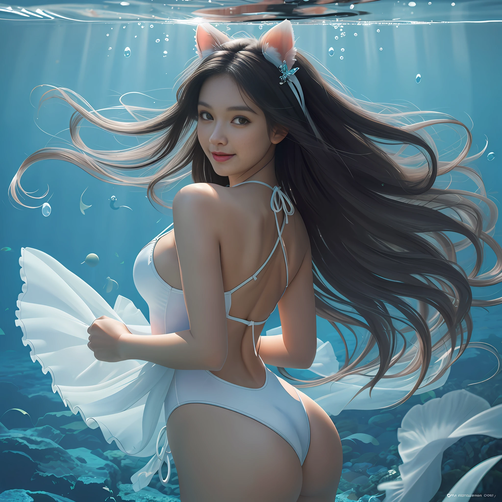 (Best Quality, Masterpiece: 1.4), (Realism: 1.2), (Absurdity: 1.2), 4K, Detailed, Ultra Detailed, Detailed Face, (Ultra Detailed Eyes: 1.2), Underwater, Beauty, One-piece Swimsuit, Naked Back, Smile, High Split End, Long White Legs, Looking Back at the Screen, Hair Floating, Long Black Hair, Cat Ears, A Large Bunch of Colored Jellyfish