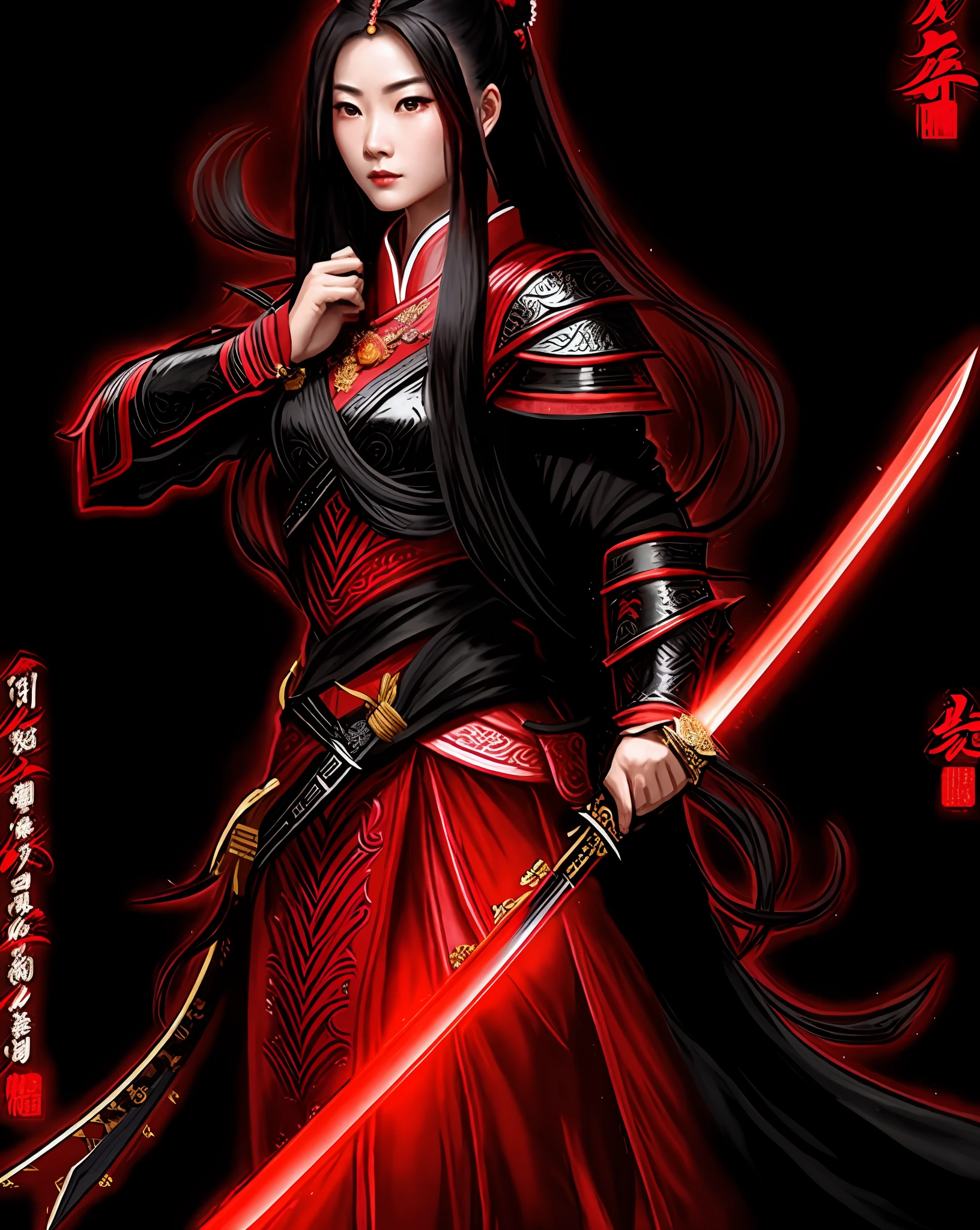 a woman in a black and red outfit holding a sword, inspired by Du Qiong, inspired by Wu Li, female samurai, full body wuxia, female warrior, inspired by Fan Kuan, beautiful character painting, inspired by Li Mei-shu, chinese warrior, inspired by Li Tang, she is holding a sword, warrior princess, north adult female warrior