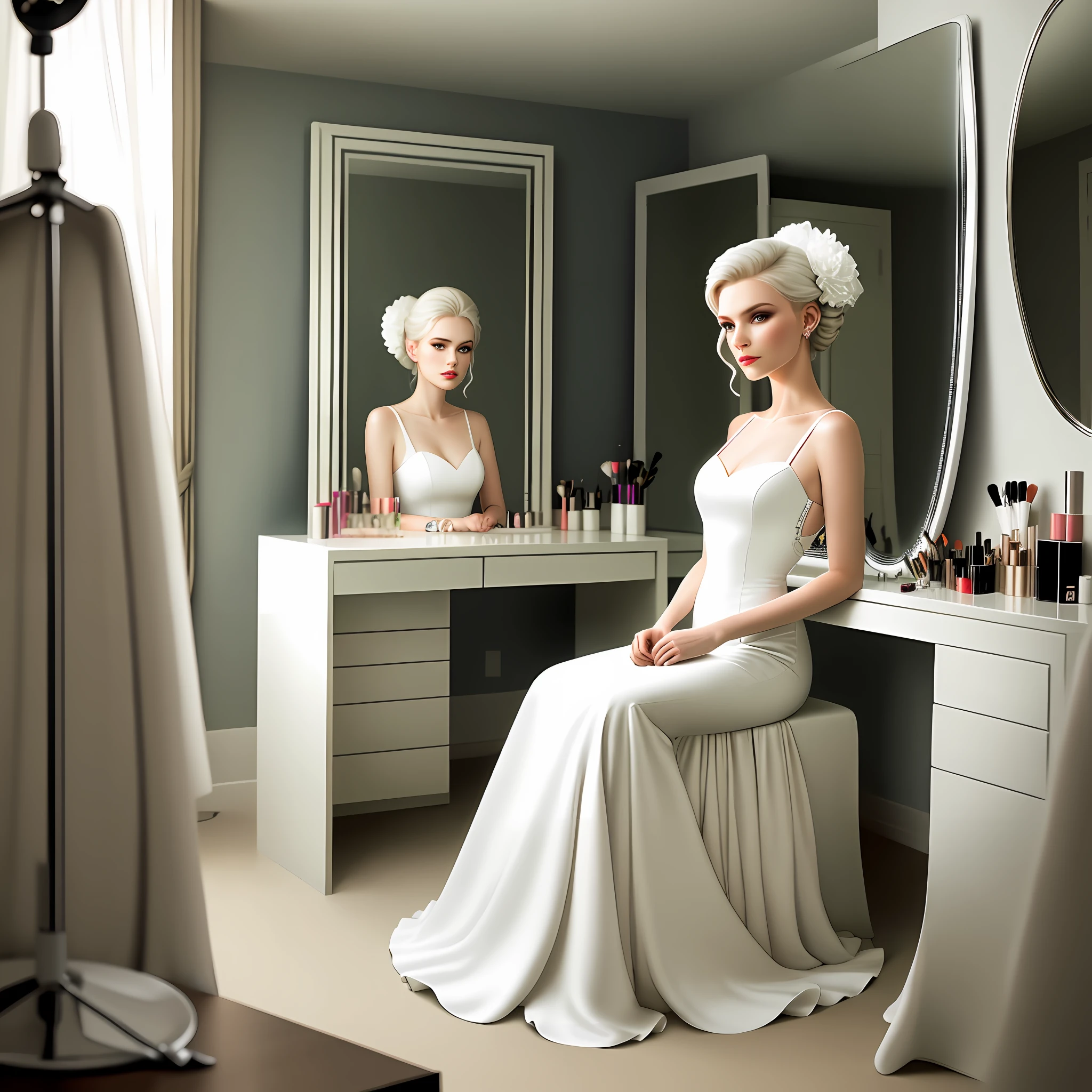 A white model in an evening dress, sitting in front of a Hollywood make-up mirror in front of a table, makeup, bedroom in the background, very warm natural light, SLR, surreal