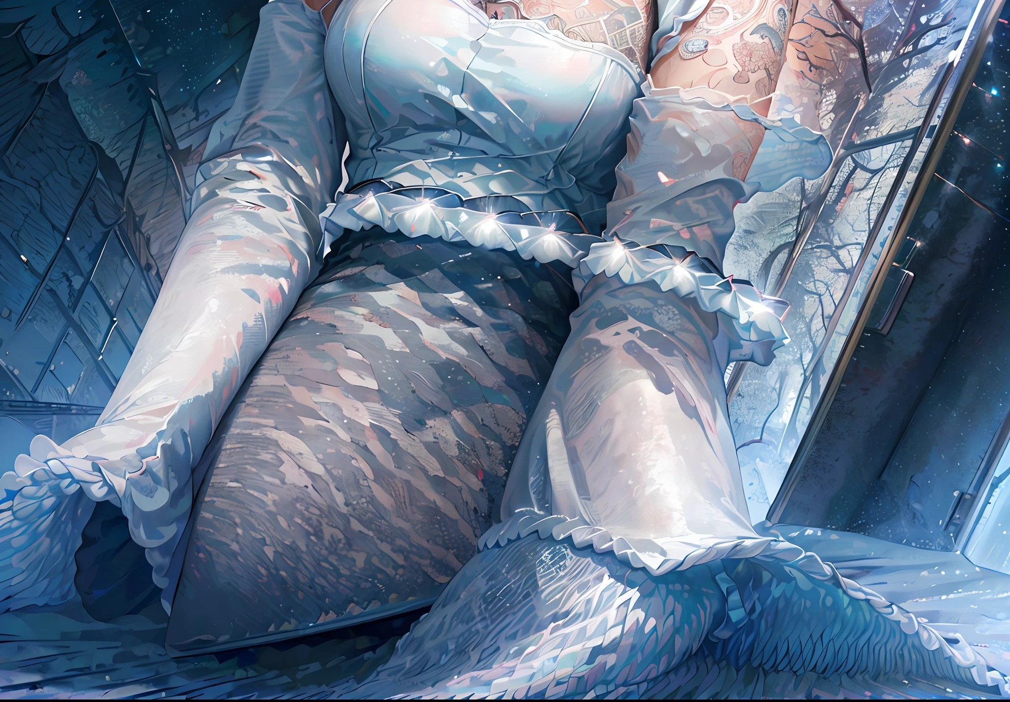 (masterpiece:1.21), (best quality:1.331), (ultra-detailed), (extremely best illustration), ((amazing)), (hyper quality), gorgeous and rich graphics, (extremely beautiful and beautiful:1.21), 8k, wallpaper, (beautiful lighting), bright light, detailed composition, ( Perfect Composition), (Extremely Beautiful Detailed Background: 1.21), Rembrandt-style light and shadow expression, Dark tones, (Low key and high variance color scale), ((Depth of field)), Deep shadows, Dynamic angles, From the side, upper body, radial blur, rain, (City lights, blurred background), (1girl), (Beautiful detailed eyes), Clear blue eyes, Long silver French braid, Camouflage clothing, transparent raincoat, Wet clothes, wet skin and wet hair, lens flare, light string, street,