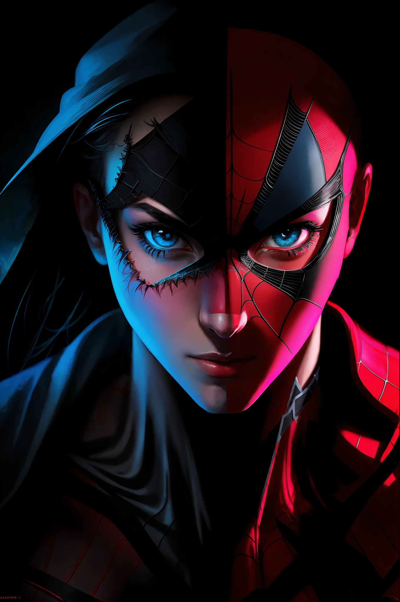 (Award Winning Digital Artwork: 1.3) of (Sketch: 1.3), (Vibrant: 1.3) Spidey, EmmaRob, CGSociety, ArtStation, (Saturation: 1.3), (Close Portrait: 1.3), (Female: 1.4), (beautiful: 1.4), (charm: 1.3), handsome, calendar pose, perfect detailed eyes, studio lighting, themed background