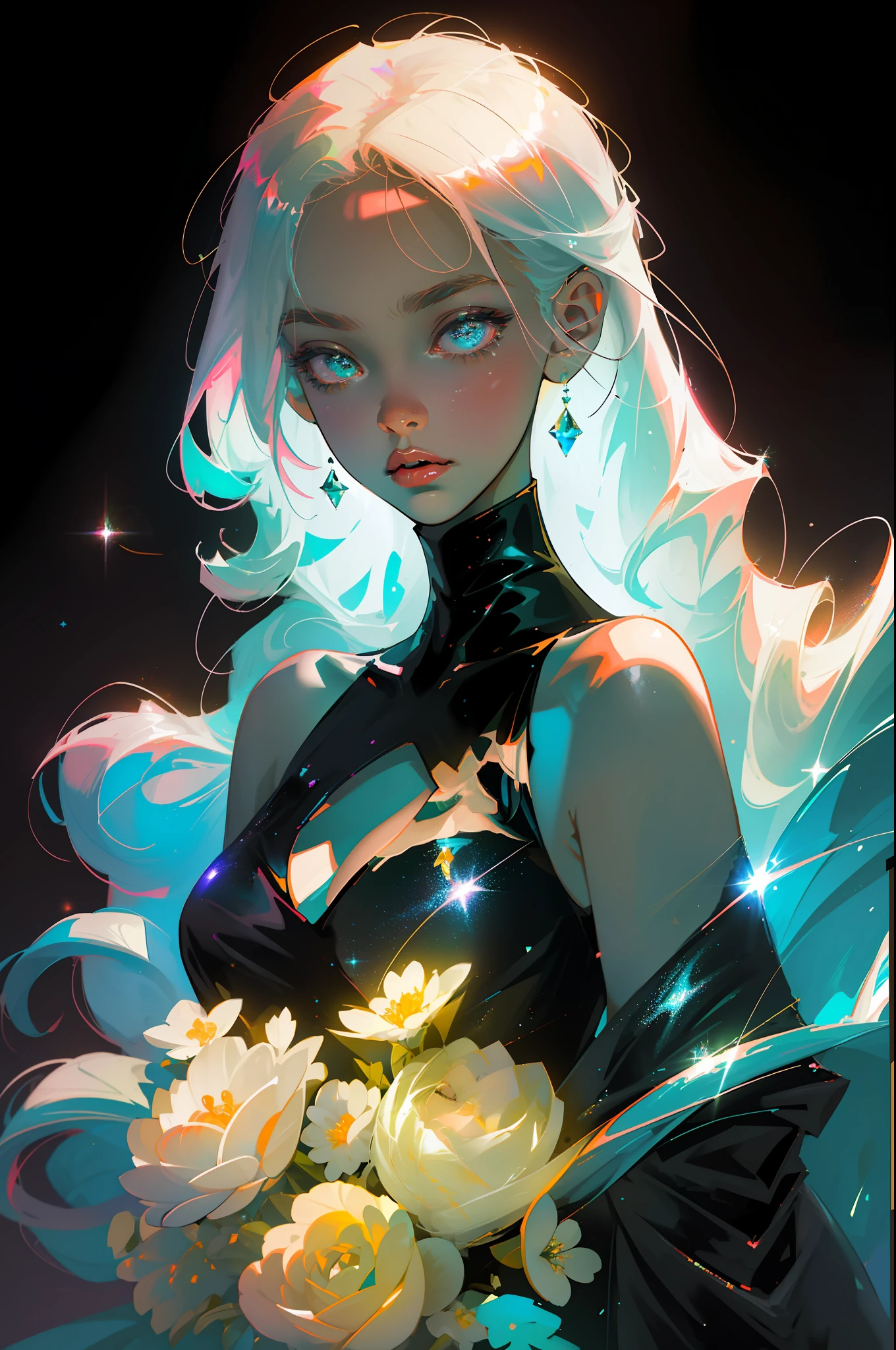 Masterpiece, best quality, super high resolution, fluorescent color,
1 girl, looking at the audience, beautiful face, beautiful eyes, (bare shoulder: 1.2), head up, upper body, forest, shiny hair, shiny skin, glowing cut, chibi, hands not shown: 1.5, black starlight dress, particles