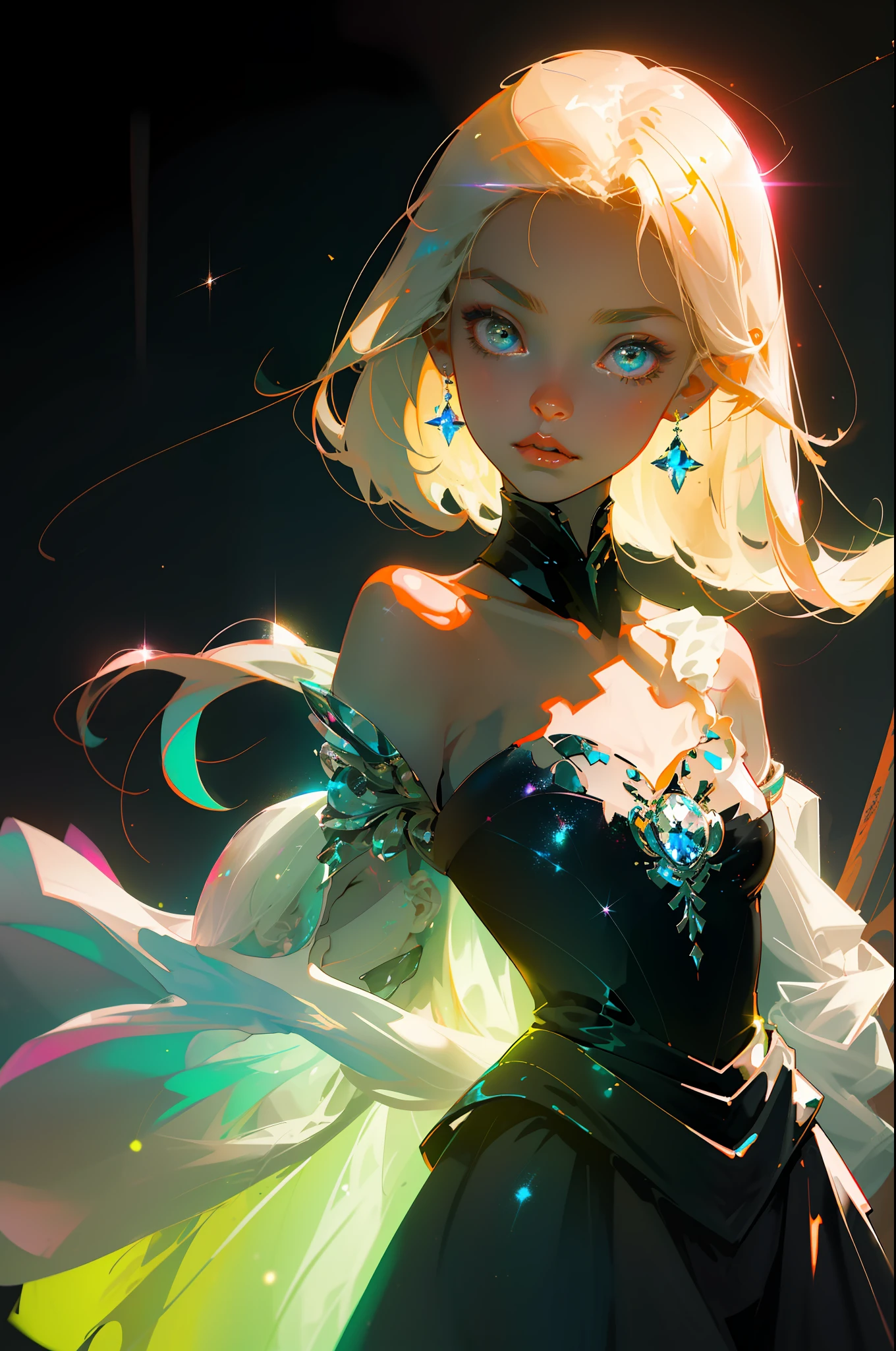 Masterpiece, best quality, super high resolution, fluorescent color,
1 girl, looking at the audience, beautiful face, beautiful eyes, (bare shoulder: 1.2), head up, upper body, forest, shiny hair, shiny skin, glowing cut, chibi, hands not shown: 1.5, black starlight dress, particles