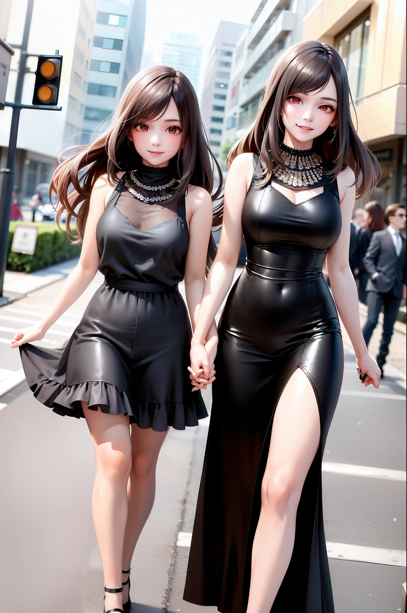 2 girls, two who look alike, tall, flat, beautiful, long black hair with fringe both, holding hands, smiling happily both, walking down the street, behind them you see the landscape of shops and houses of the city, both with red eyes