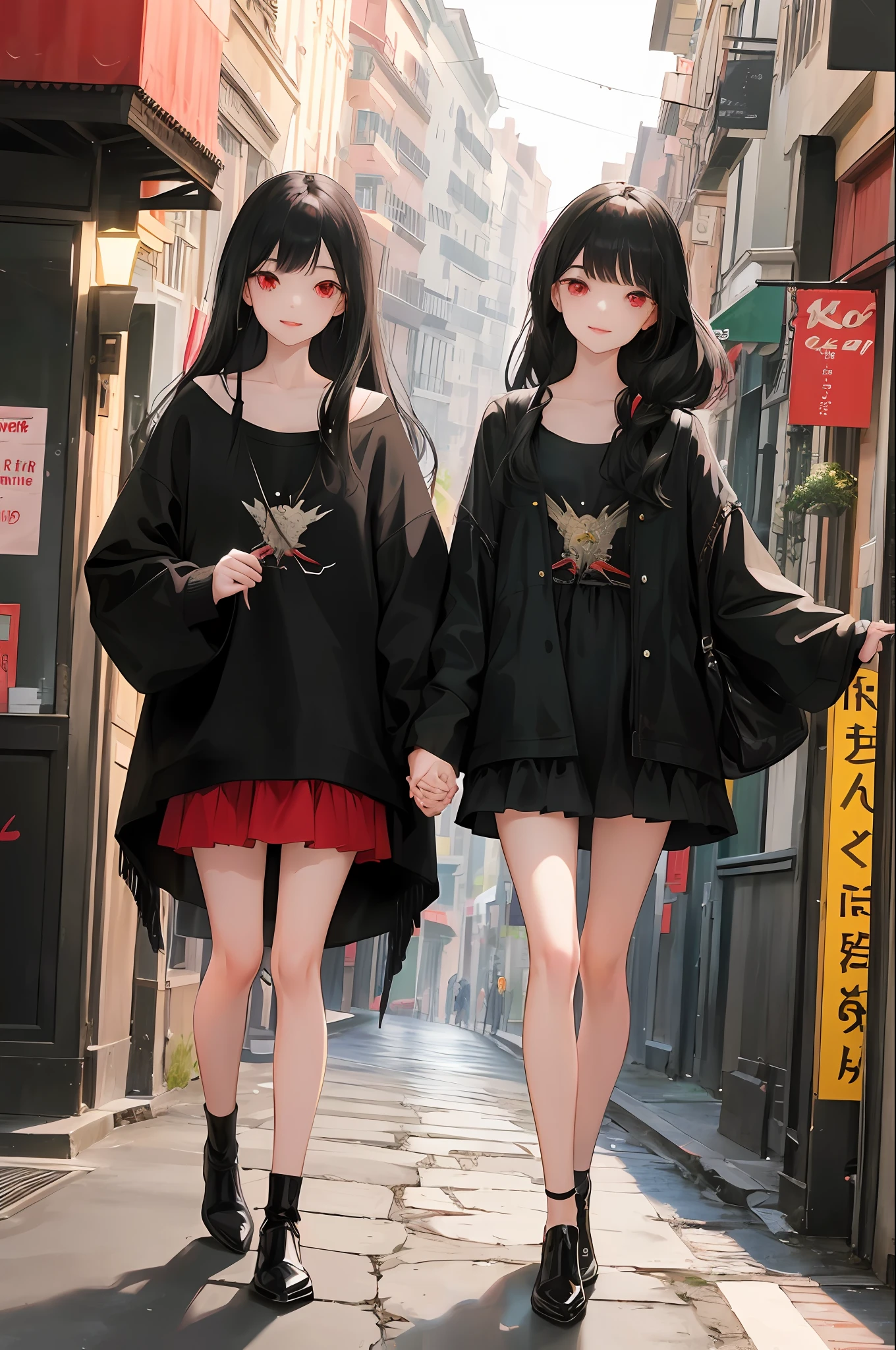 2 girls, two who look alike, tall, flat, beautiful, long black hair with fringe both, holding hands, smiling happily both, walking down the street, behind them you see the landscape of shops and houses of the city, both with red eyes