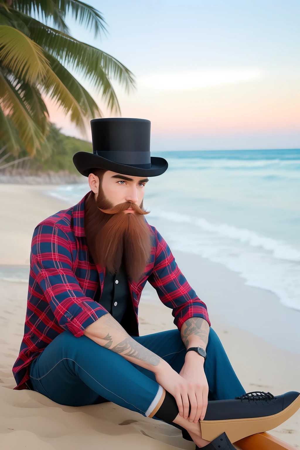 Man alone with Smolk's lumberjack beard and top hat sitting facing the beach