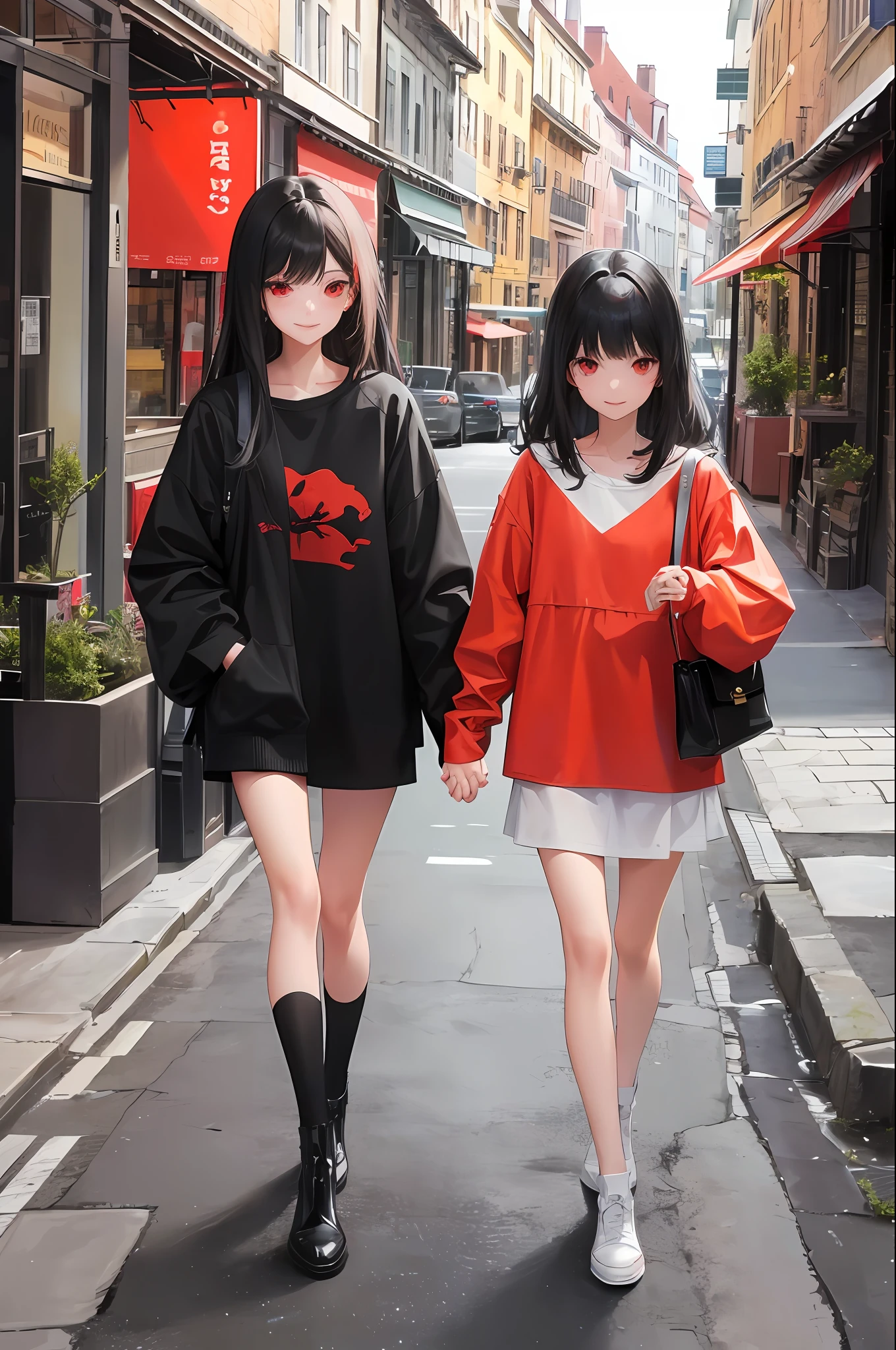 2 girls, two who look alike, tall, flat, beautiful, long black hair with fringe both, holding hands, smiling happily both, walking down the street, behind them you see the landscape of shops and houses of the city, both with red eyes