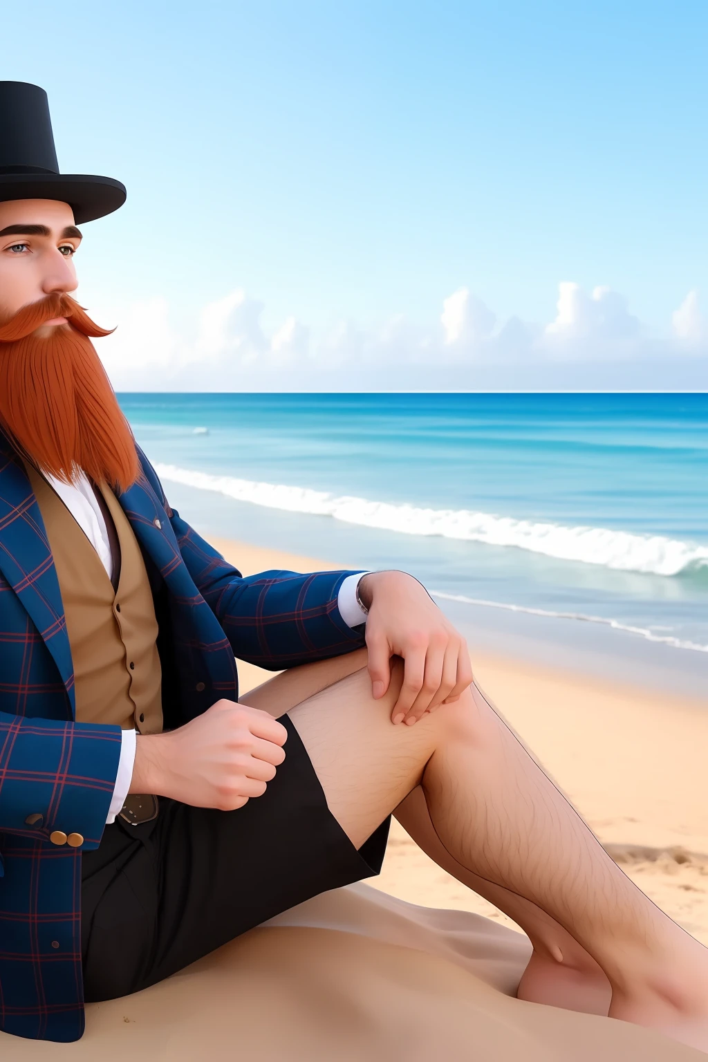 Man alone with Smolk's lumberjack beard and top hat sitting facing the beach