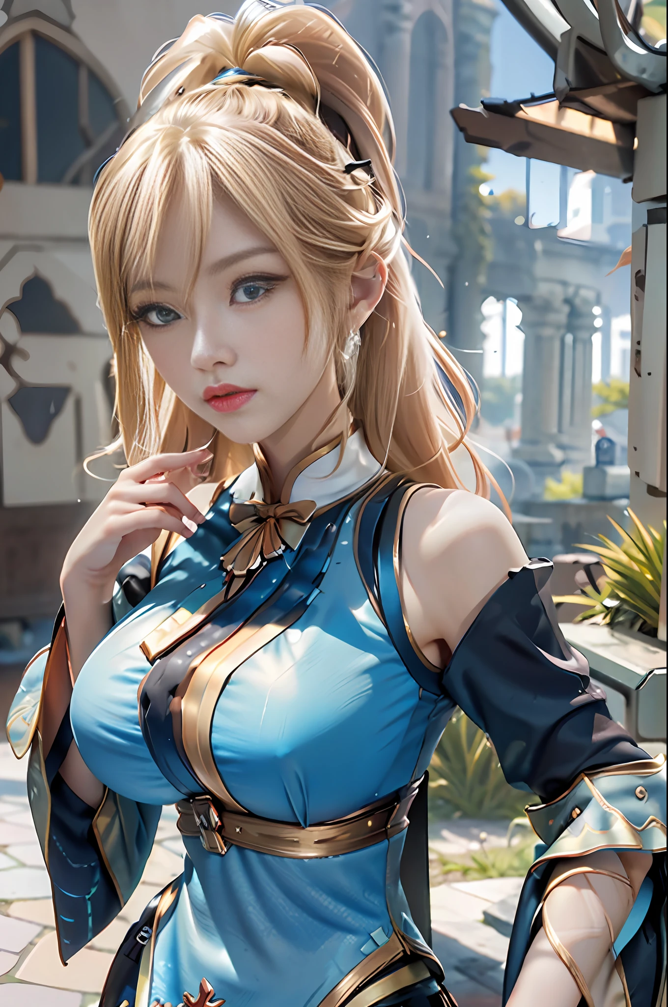 (Masterpiece, Best Quality, Big Breasts, Realism, Real, Photo: 1.6), Ji Xiaoman, Blonde, (Ulzzang-6500-V1.1:0.7), Very cute face, blue eyes, upper body, Real, Photo, (Huge breasts: 1.8)