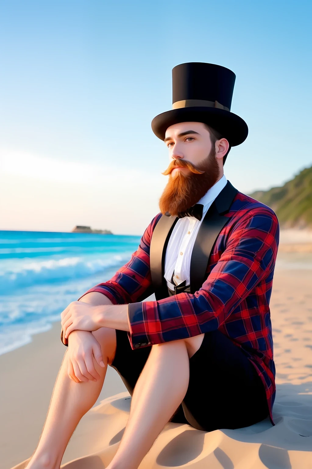 Man alone with Smolk's lumberjack beard and top hat sitting facing the beach