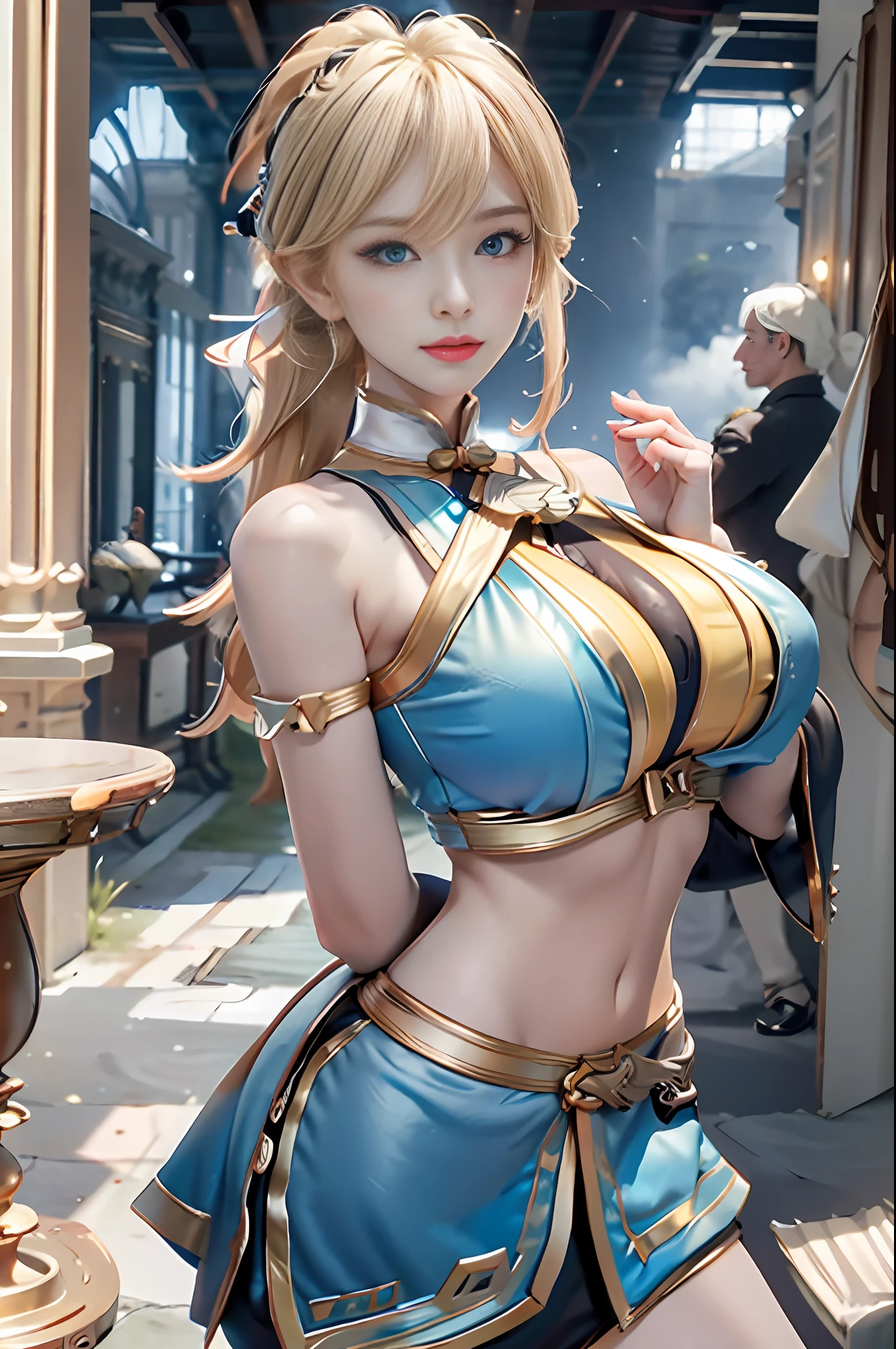 (Masterpiece, Best Quality, Big Breasts, Realism, Real, Photo: 1.6), Ji Xiaoman, Blonde, (Ulzzang-6500-V1.1:0.7), Very cute face, blue eyes, upper body, Real, Photo, (Huge breasts: 1.8)