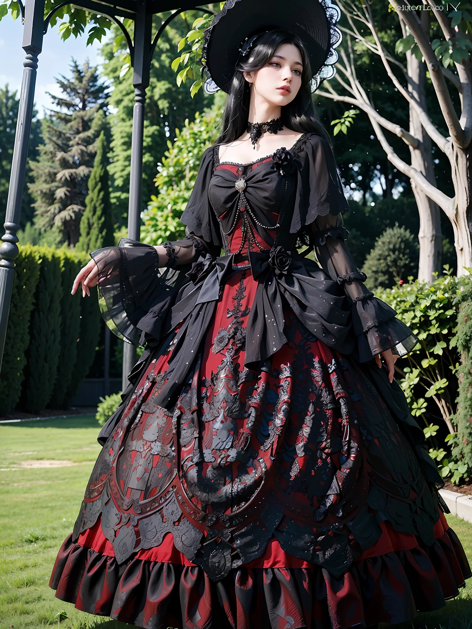 (masterpiece, top quality, best quality, official art, beautiful and aesthetic:1.2), 1girl, long black straight hair, solo, standing in garden, looking at viewer, white lolita_dress,