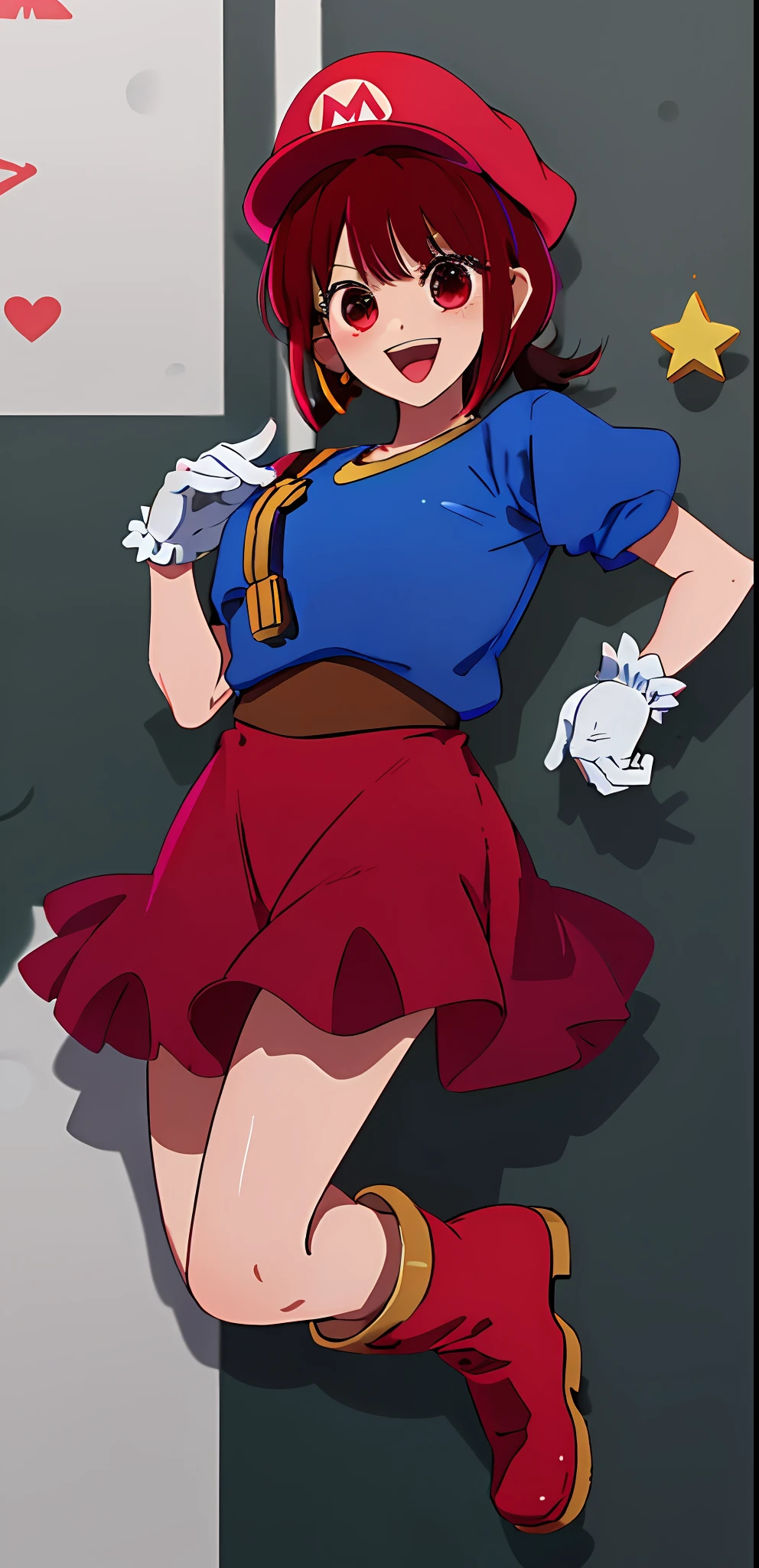 1girl masterpiece, best quality, solo, (super mario (cosplay):1.2), Mario (cosplay):1.2, red cap:1.1, blue overall, red shirt, brown boots, :d, Arima kana, medium breast, white gloves, gold marble earrings, jumping