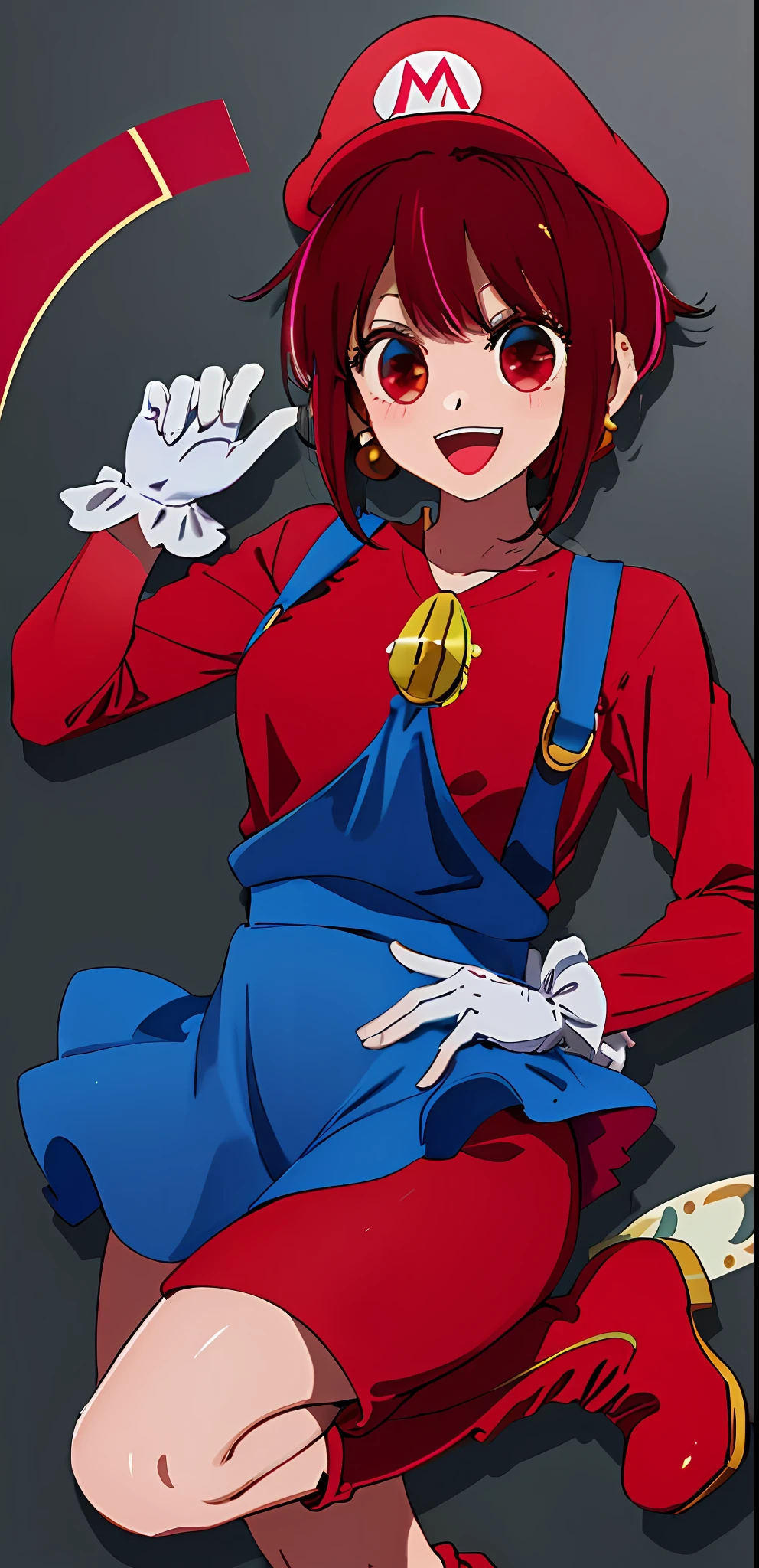 1girl masterpiece, best quality, solo, (super mario (cosplay):1.2), Mario (cosplay):1.2, red cap:1.1, blue overall, red shirt, brown boots, :d, Arima kana, medium breast, white gloves, gold marble earrings, jumping