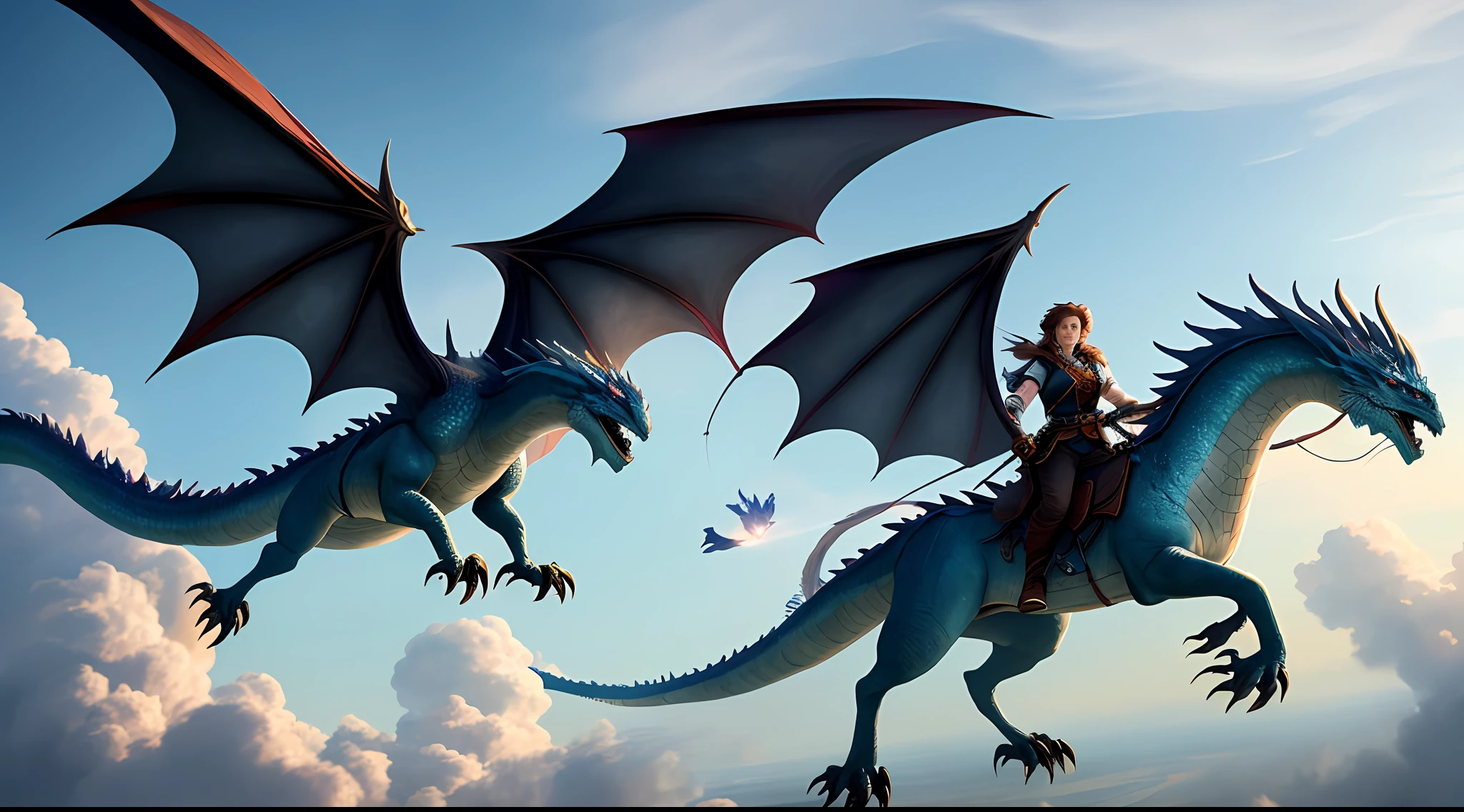 The Viviane from The Mists of Avalon rides on a fire-spitting dragon, soaring across the sky boundlessly in high resolution and ultra-realistic detail.