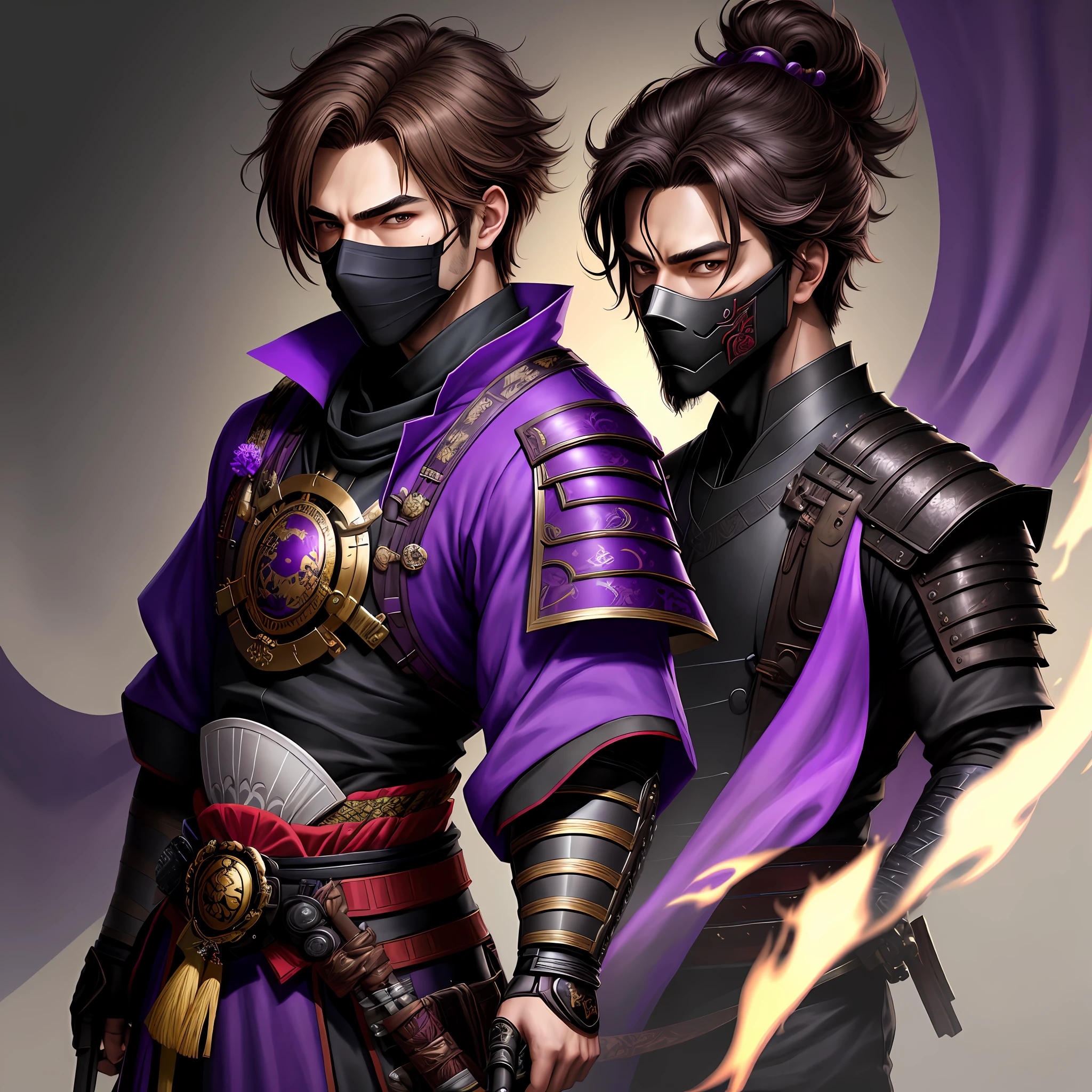 masterpiece, best quality, 1 Male, Adult, Brown hair, Samurai, Symbolism, Art, Beautiful, Gorgeous, Trickster, Purple Clothing with Black, Black Mask with Purple