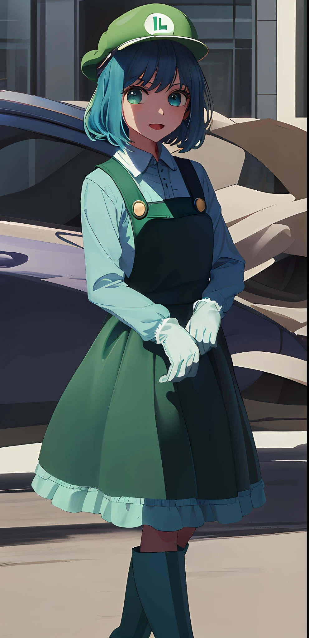 1girl masterpiece, best quality, solo, (super Luigi (cosplay):1.2), Luigi (cosplay):1.2, green cap:1.1, blue overall, green shirt, brown boots, :d, Akane , medium breast, white gloves,, L on green cap, blue hair, blue eyes,