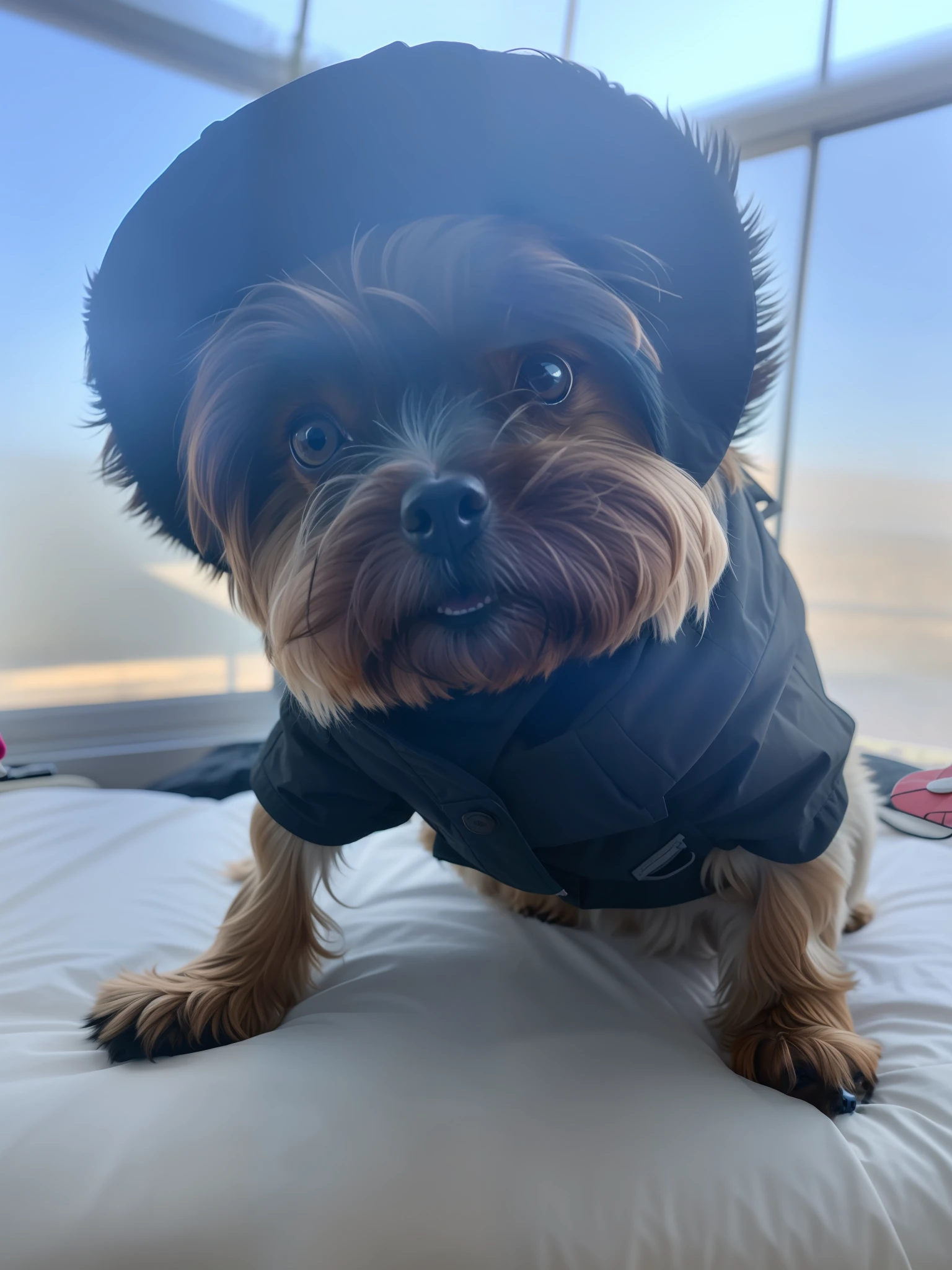 :: bright colors, Highly defined, Highly detailed, 8k, solo, 1dog :: dog wearing a black jacket and hat on a bed, she is wearing a wet coat, Yorkshire terrier, holding her Yorkshire Terrier, looking heckin cool and elegant, jet black tuffle coat, looking at the camera, wearing hunter's coat, very silly looking, looking directly at the camera, is looking at the camera, looking at the camera, portrait photo