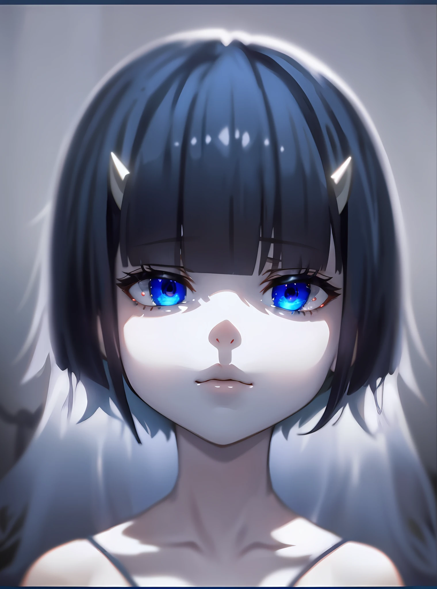 (extremely detailed CG Unity 8k wallpaper, best quality, masterpiece, ultra-detailed), best lighting, floating, very saturated, [(Anime portrait), (white bra), (dark blue hair, bob haircut), (sad expression), (small demon horns)], [(blurred background), (bright color palette), (dreamy atmosphere), (ethereal), (soft and airy), (romantic)]