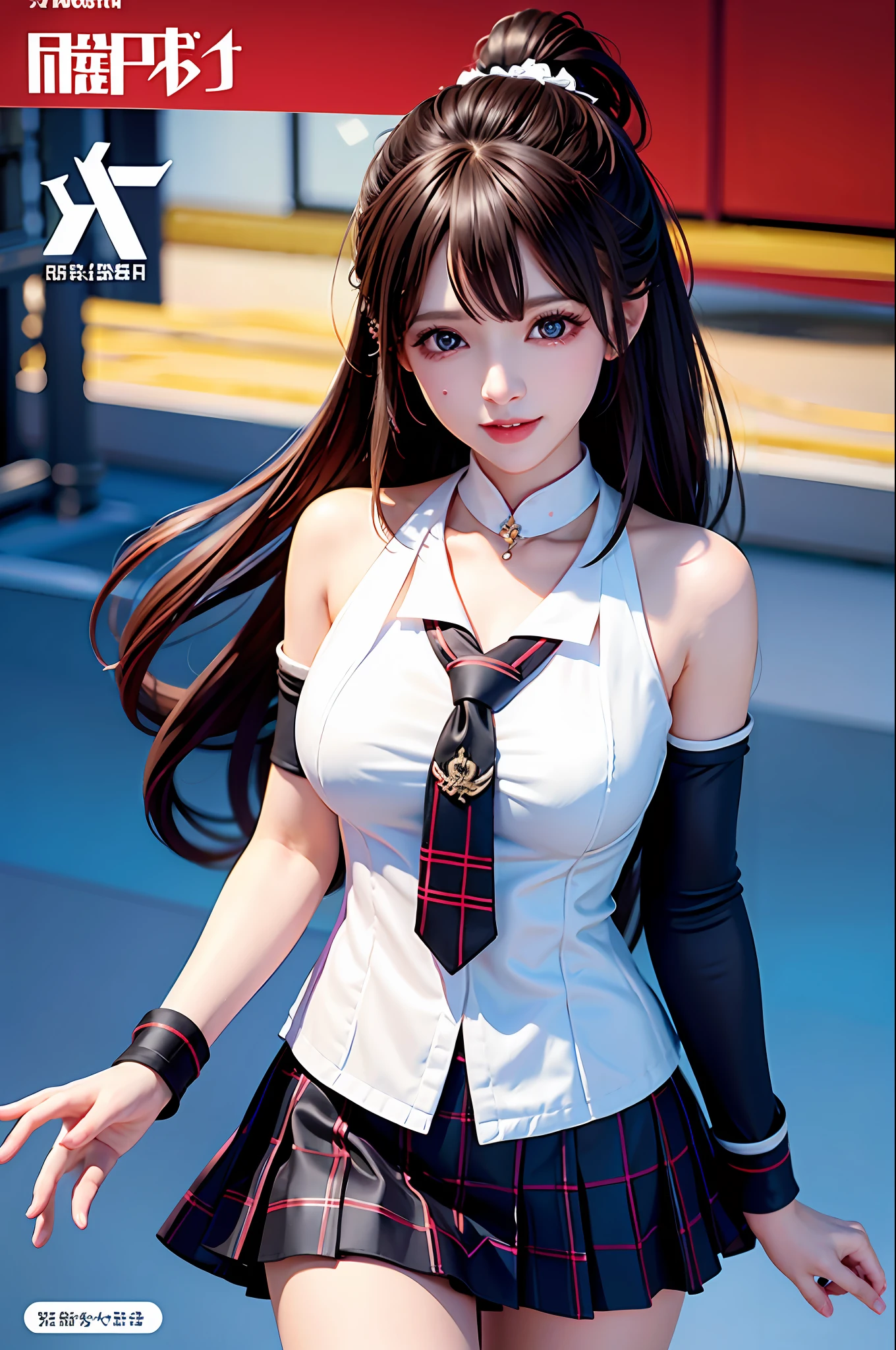masterpiece, best quality, full body, 1girl, bangs, black choker, black necktie, blonde hair, blue skirt, blush, bracelet, breasts, choker, clothes around waist, collarbone, collared shirt, cowboy shot, dress shirt, ear piercing, eyebrows visible through hair, gradient hair, grin, gyaru, jewelry, kogal, long hair, looking at viewer, loose necktie, necktie, piercing, plaid, plaid skirt, pleated skirt, red eyes, ring, school uniform, shirt, skirt, smile, solo, white shirt, street, sky, cherry blossoms, petals,illustration, (magazine:1.3), (cover-style:1.3), fashionable, woman, vibrant, outfit, posing, front, colorful, dynamic, background, elements, confident, expression, holding, statement, accessory, majestic, coiled, around, touch, scene, text, cover, bold, attention-grabbing, title, stylish, font, catchy, headline, larger, striking, modern, trendy, focus, fashion,