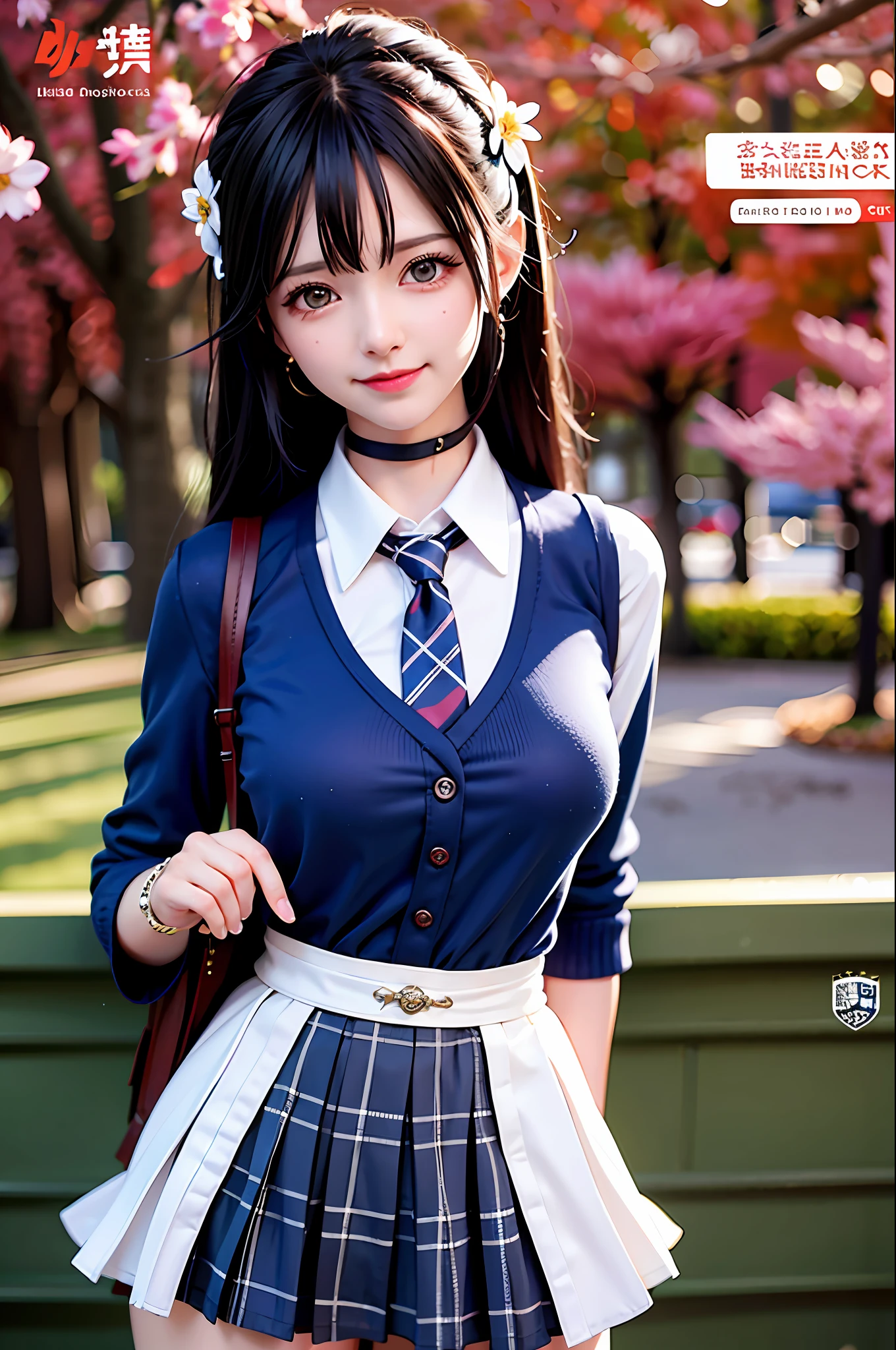masterpiece, best quality, full body, 1girl, bangs, black choker, black necktie, blonde hair, blue skirt, blush, bracelet, breasts, choker, clothes around waist, collarbone, collared shirt, cowboy shot, dress shirt, ear piercing, eyebrows visible through hair, gradient hair, grin, gyaru, jewelry, kogal, long hair, looking at viewer, loose necktie, necktie, piercing, plaid, plaid skirt, pleated skirt, red eyes, ring, school uniform, shirt, skirt, smile, solo, white shirt, street, sky, cherry blossoms, petals,illustration, (magazine:1.3), (cover-style:1.3), fashionable, woman, vibrant, outfit, posing, front, colorful, dynamic, background, elements, confident, expression, holding, statement, accessory, majestic, coiled, around, touch, scene, text, cover, bold, attention-grabbing, title, stylish, font, catchy, headline, larger, striking, modern, trendy, focus, fashion,
