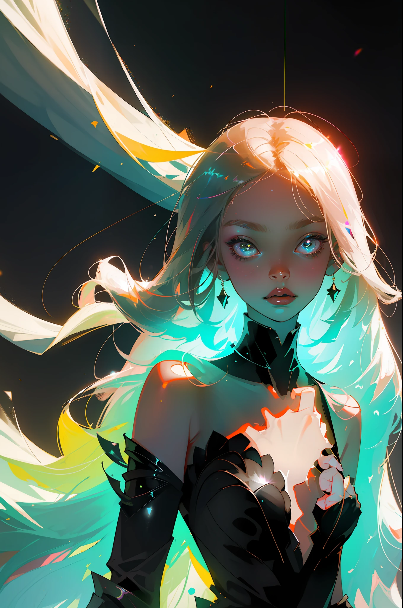Masterpiece, best quality, super high resolution, fluorescent color,
1 girl, looking at the audience, beautiful face, beautiful eyes, (bare shoulder: 1.2), head up, upper body, forest, shiny hair, shiny skin, glowing cut, chibi, hands not shown: 1.5, black starlight dress, particles
