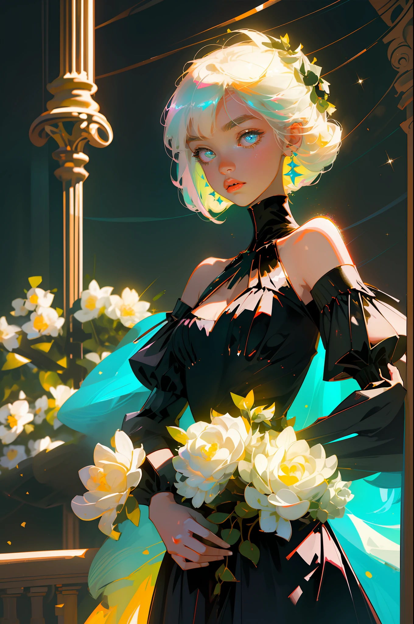 Masterpiece, best quality, super high resolution, fluorescent color,
1 girl, looking at the audience, beautiful face, beautiful eyes, (bare shoulder: 1.2), head up, upper body, forest, shiny hair, shiny skin, glowing cut, chibi, hands not shown: 1.5, black starlight dress, particles