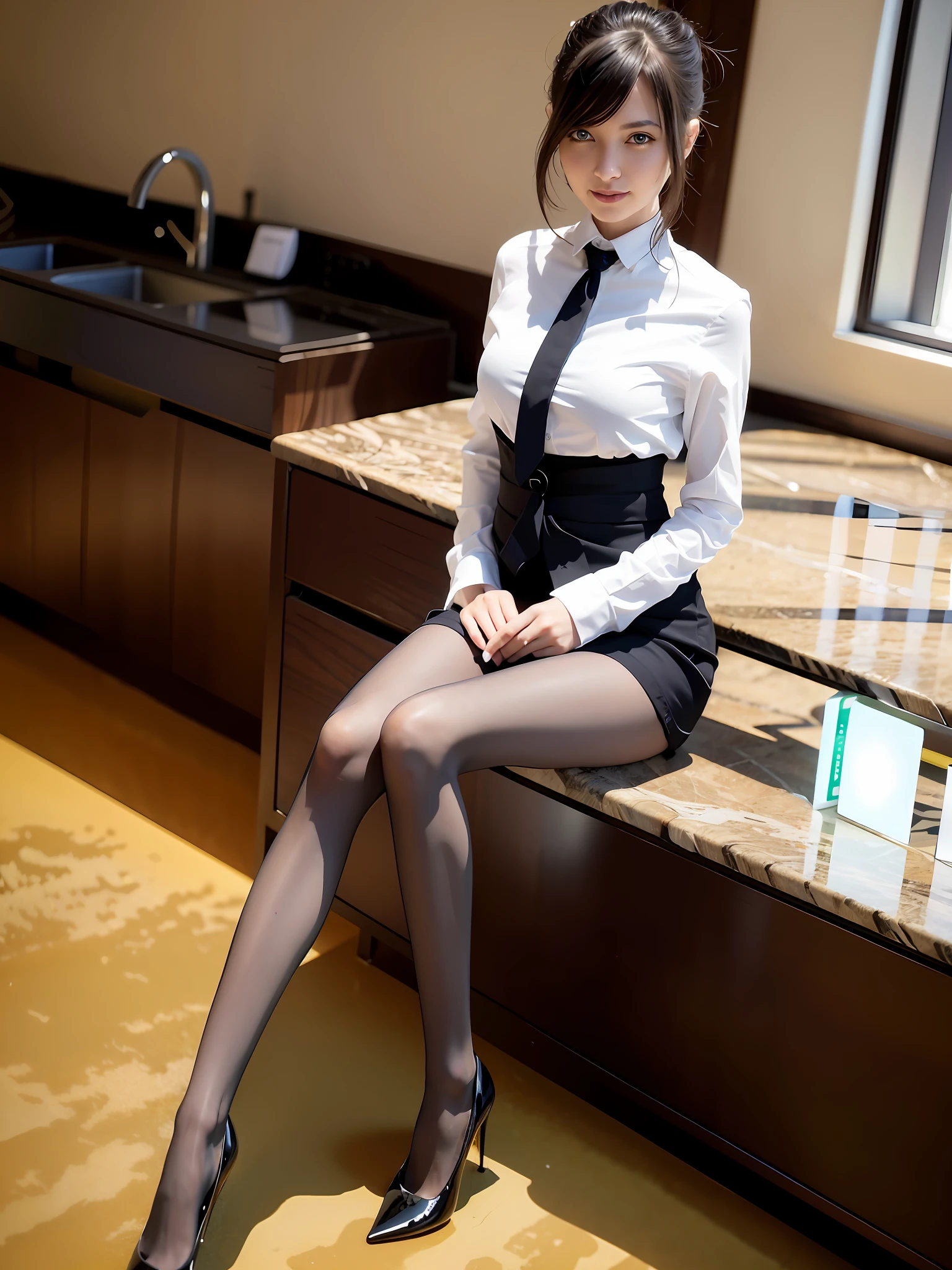 (RAW, best quality, masterpiece:1.5), (photo realistic, intricate details:1.2), ultra highres, absurdres, 1girl, beautiful face, blue eyes, green eyes, detalied eyes, symmetric eyes, light on face, nose blush, short hair, hair bun, black hair tie, clk, vest, suit, pencil miniskirt, white shirt, silk scarf, black pantyhose, [:20d, :0.8], smile, small dimples, sexually suggestive, medium breasts, slim waist, slim legs, long legs, sitting on chair in front of desk, perfect body, good proportions, looking at viewer, (office, indoor, hyper detailed background:1.2), japan, copy machine, file cabinet, computer, monitor, shiny skin, real skin texture, natural lighting, best lighting, detailed background, detailed shadow, sharp focus, depth of field f/2, saturated, high contrast, strong light and shadow