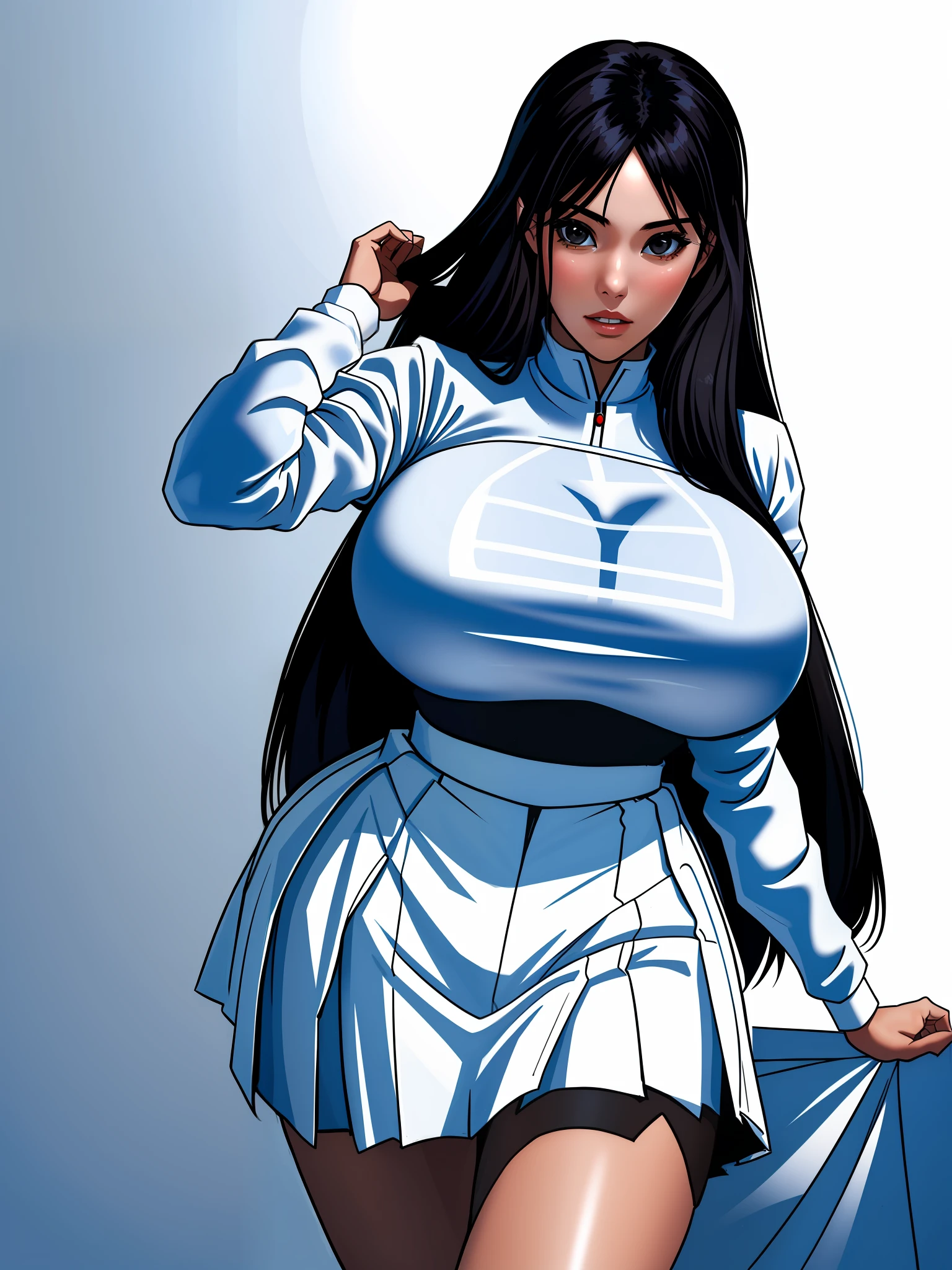 ((masterpiece, best_quality)), 1girl, (photorealistic:1.4),  solo, white_background, black_hair, long_hair,   zettai_ryouiki, skirt, ((full_body)),